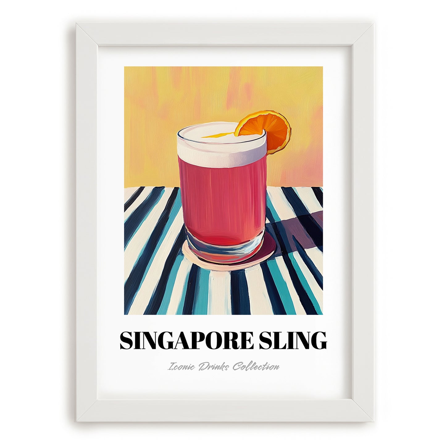 Singapore Sling – on Striped Tablecloth, Singaporean Cocktail Wall Poster, placed in minimal white frame