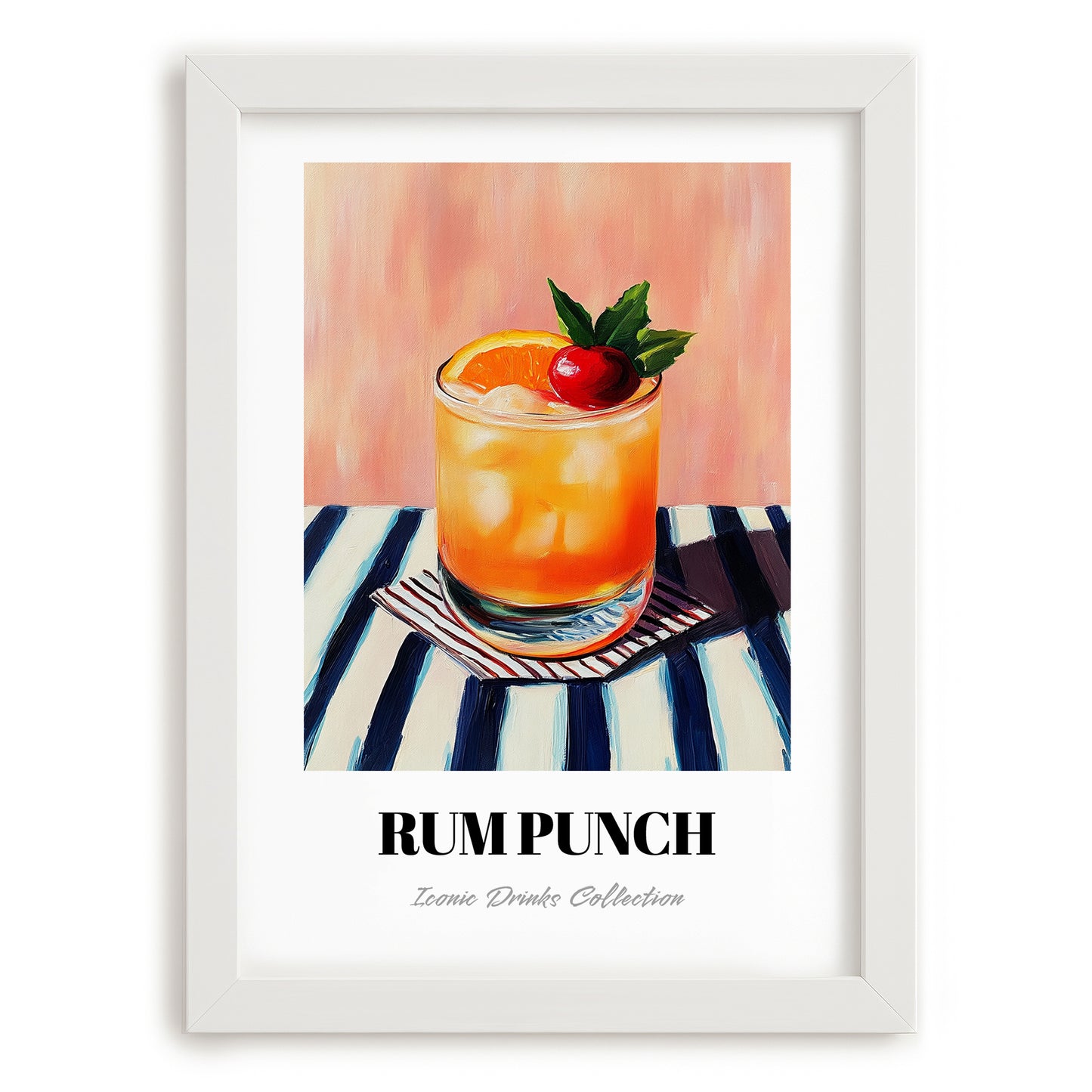 Rum Punch – on Striped Tablecloth, Jamaican Cocktail Wall Art, placed in minimal white frame