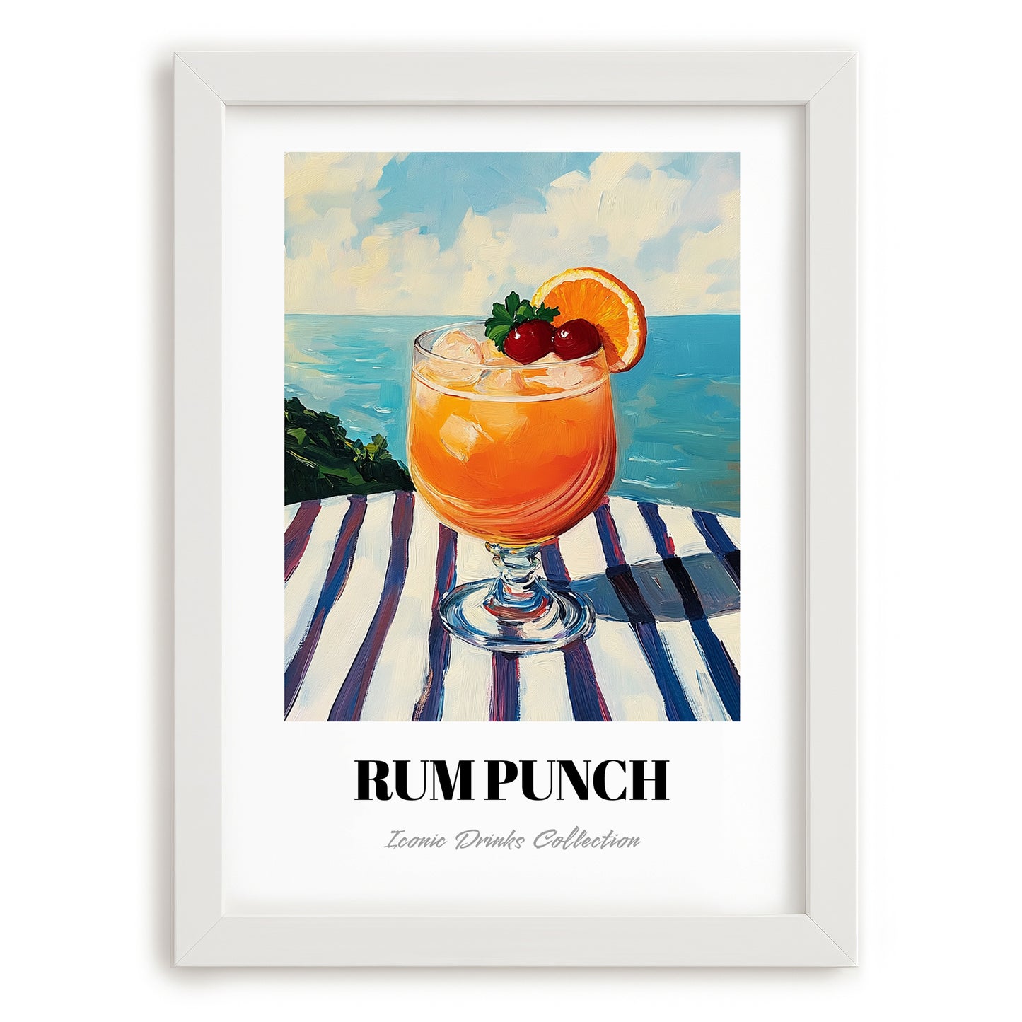 Rum Punch – Jamaican Seaside Scene, Jamaican Beverage Poster, placed in minimal white frame