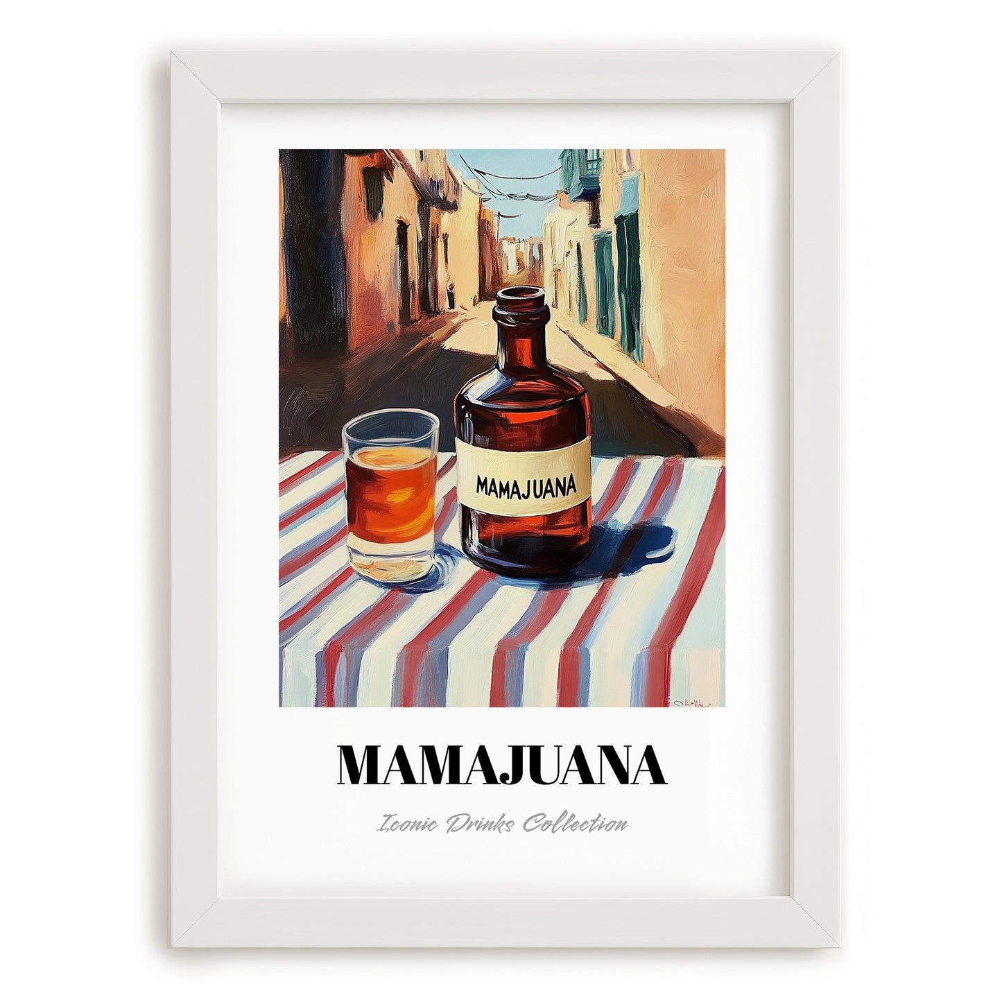 Mamajuana – Dominican Outdoor Café Scene, Dominican Beverage Still Life, placed in minimal white frame