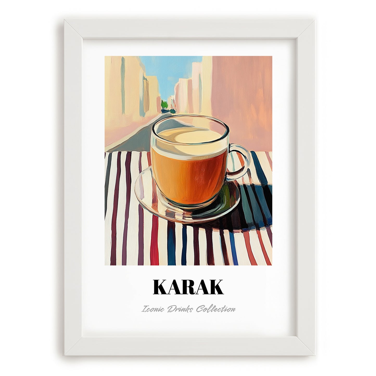 Karak – Qatari Urban Café Scene, Qatari Tea Print, placed in minimal white frame
