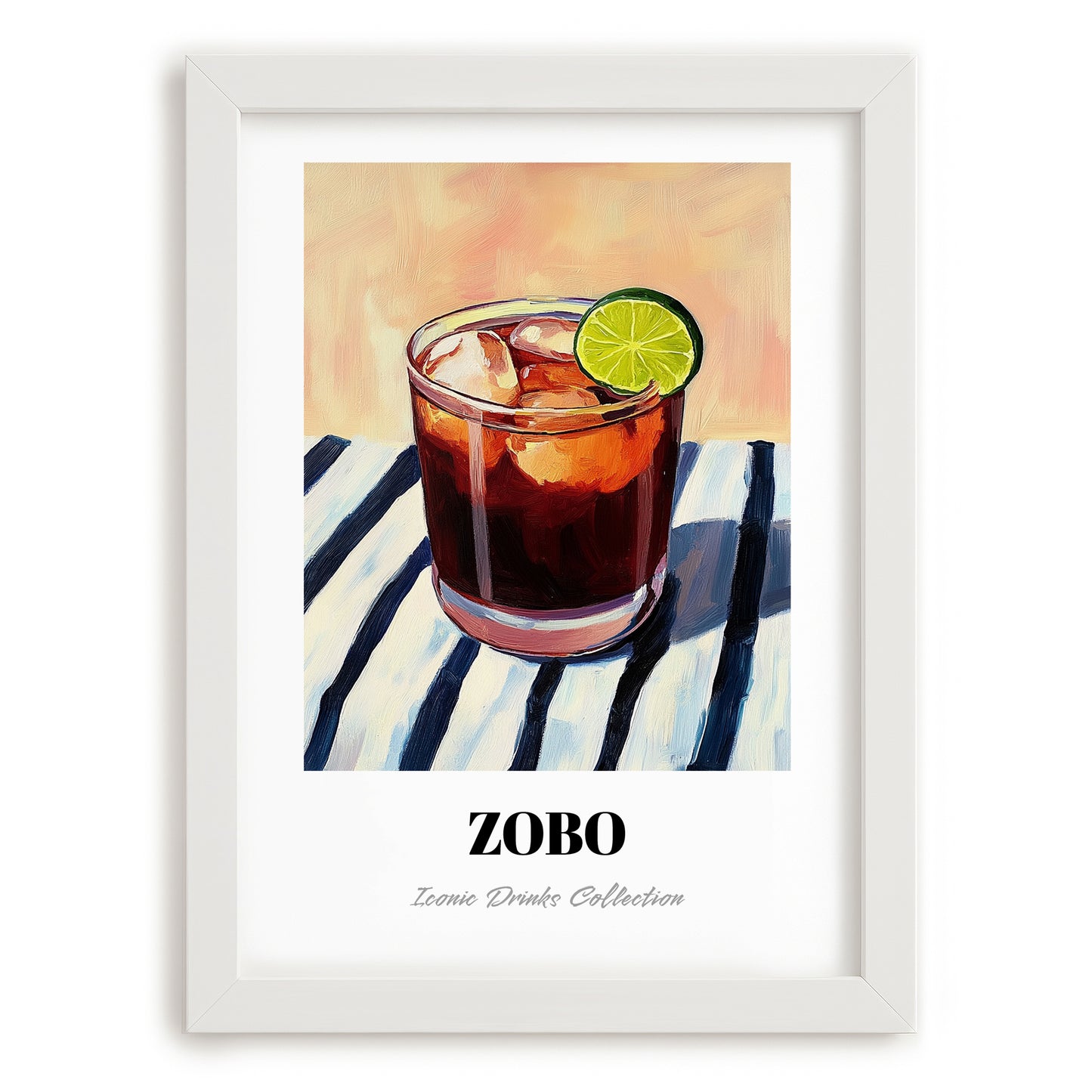 Zobo – on Striped Tablecloth, Nigerian Spirit Wall Decor, placed in minimal white frame