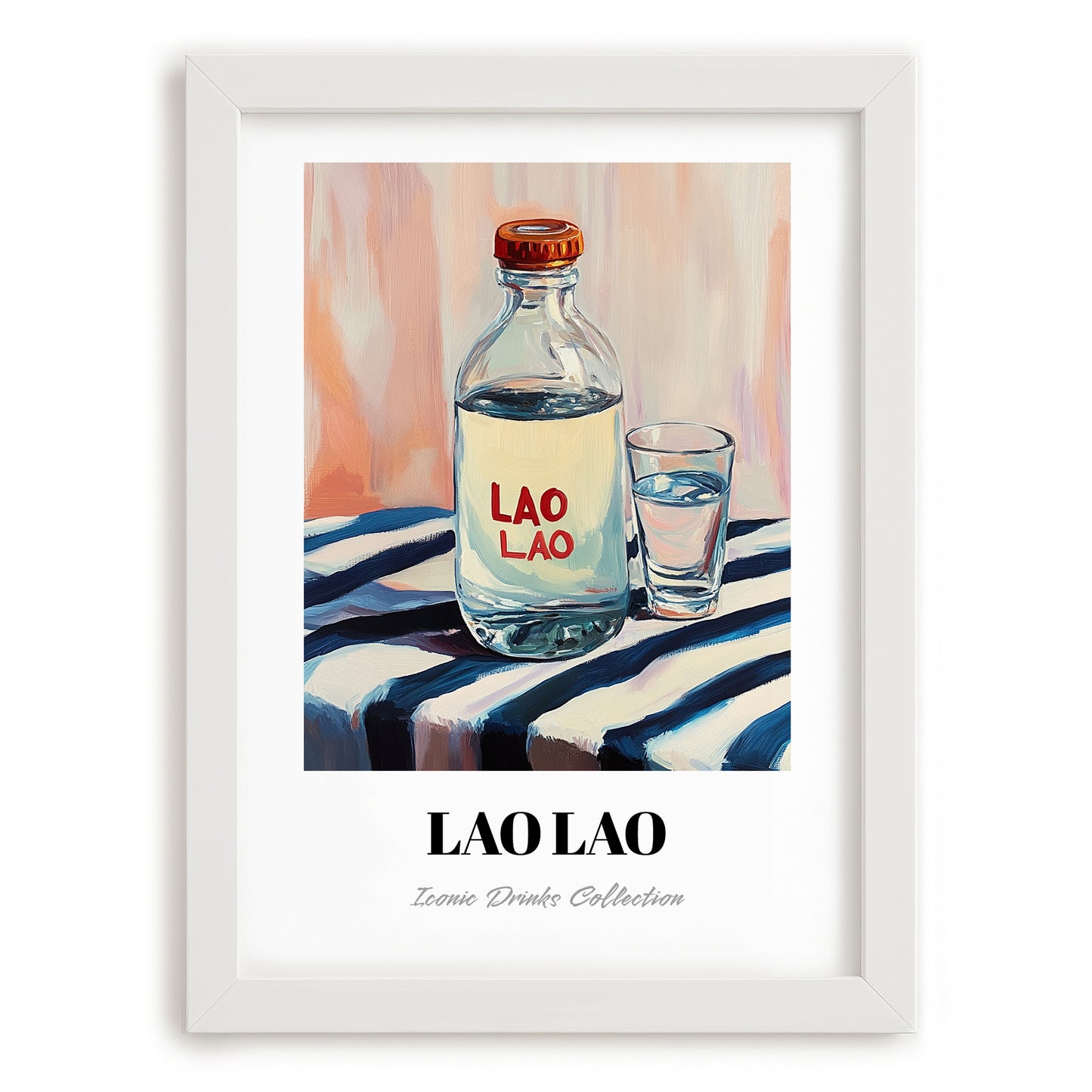 Lao-Lao – on Striped Tablecloth, Laos Spirit Poster, placed in minimal white frame