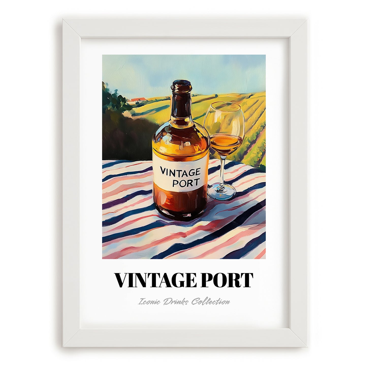 Vintage Port – Portuguese Hillside Café View, Portuguese Dessert Wine Wall Art, placed in minimal white frame
