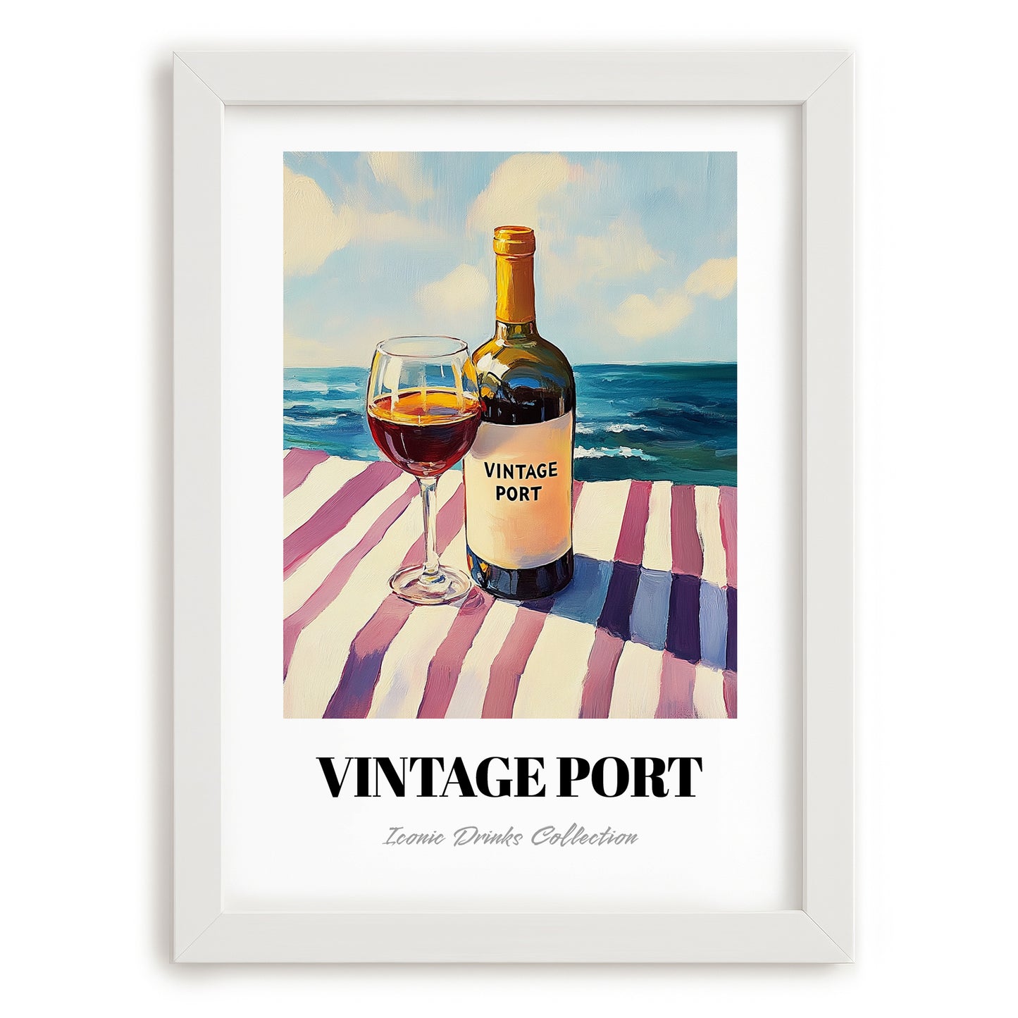 Vintage Port – Portuguese Seaside Café Scene, Portuguese Dessert Wine Painting, placed in minimal white frame