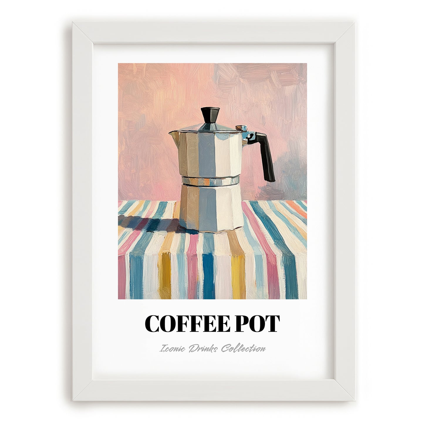 Coffee Pot – on Striped Tablecloth, Kitchen Utensils Wall Art, placed in minimal white frame