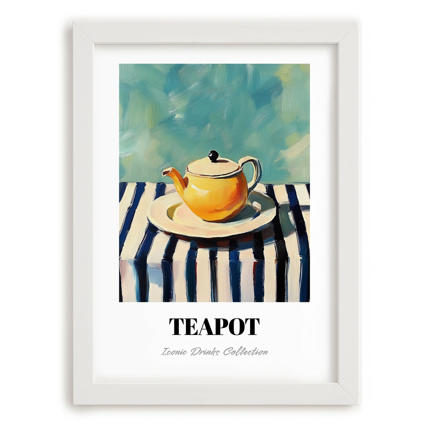 Teapot – on Striped Tablecloth, Kitchen Utensils Painting, placed in minimal white frame