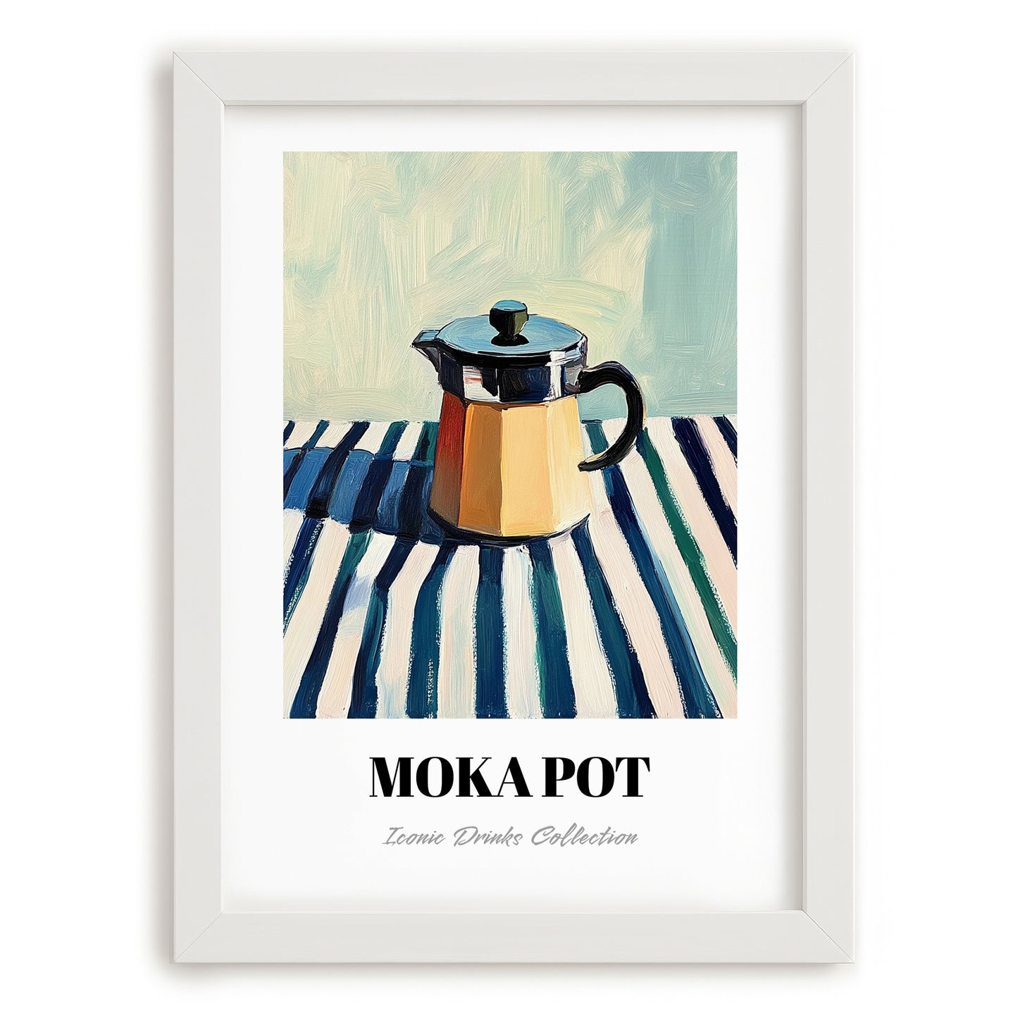 Moka Pot – on Striped Tablecloth, Kitchen Utensils Poster, placed in minimal white frame