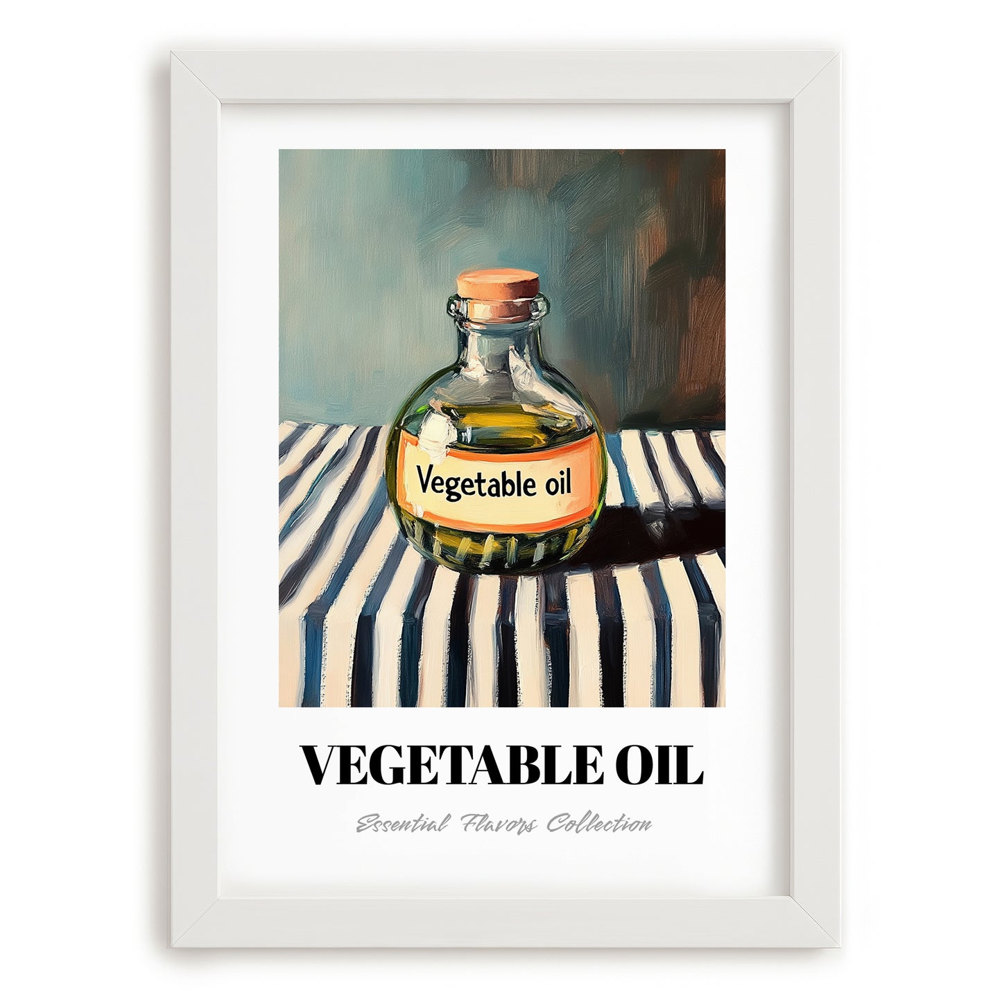 Vegetable Oil – on Striped Tablecloth, Pantry Print, placed in minimal white frame