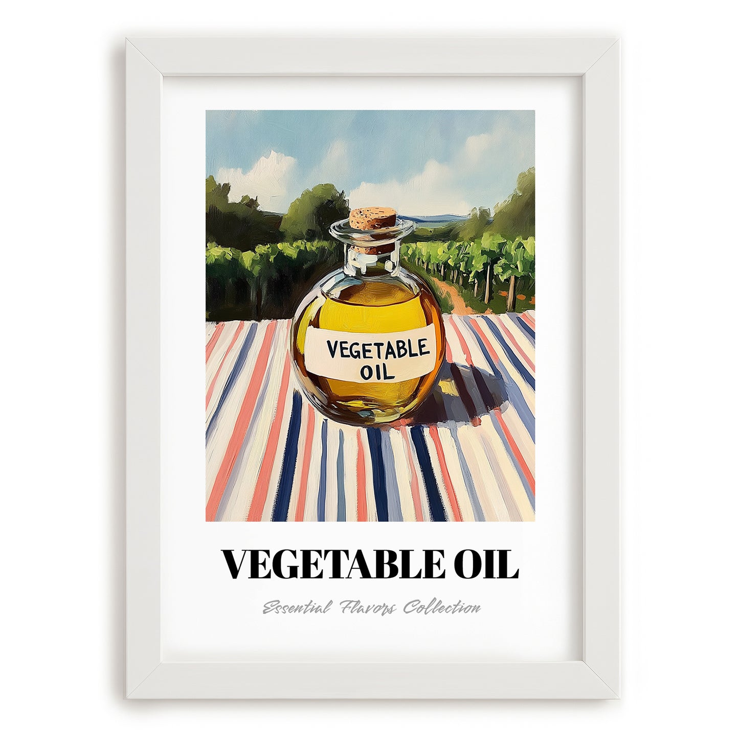 Vegetable Oil – Italian Hillside Café View, Food Shelf Still Life, placed in minimal white frame
