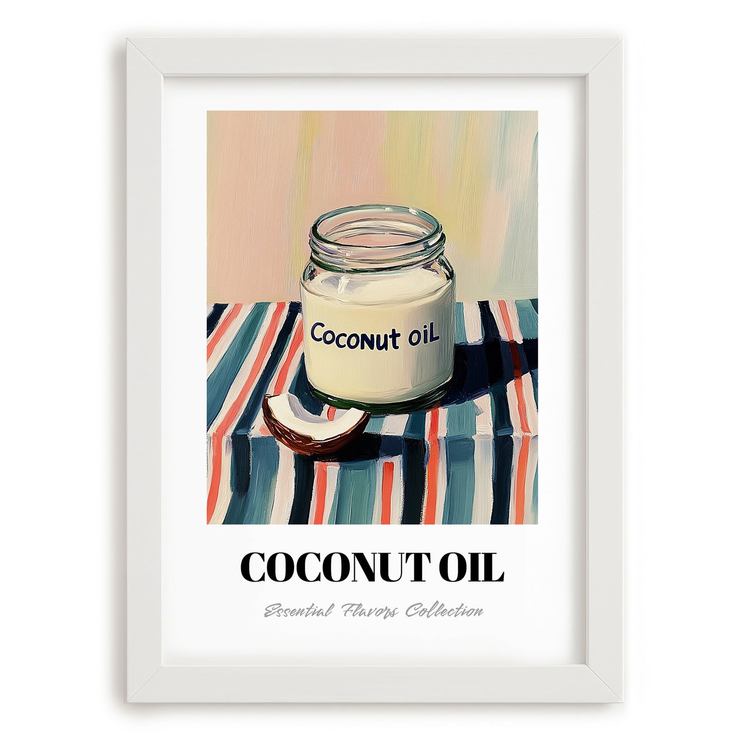 Coconut Oil – on Striped Tablecloth, Shelf Stock Wall Decor, placed in minimal white frame