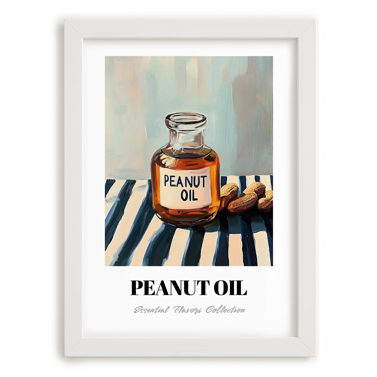 Peanut Oil – on Striped Tablecloth, Grocery Poster, placed in minimal white frame
