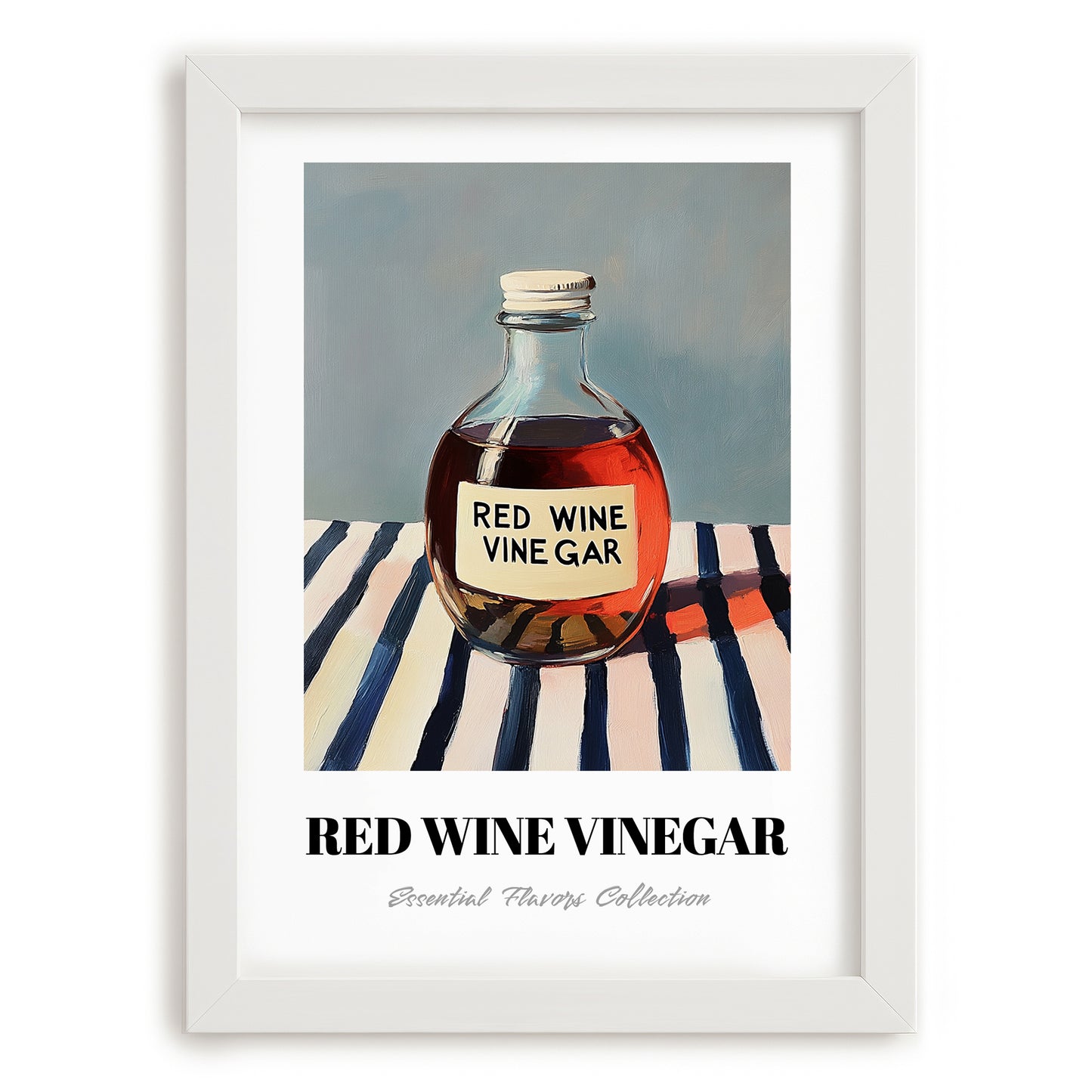 Red Wine Vinegar – on Striped Tablecloth, Shelf Stock Wall Decor, placed in minimal white frame