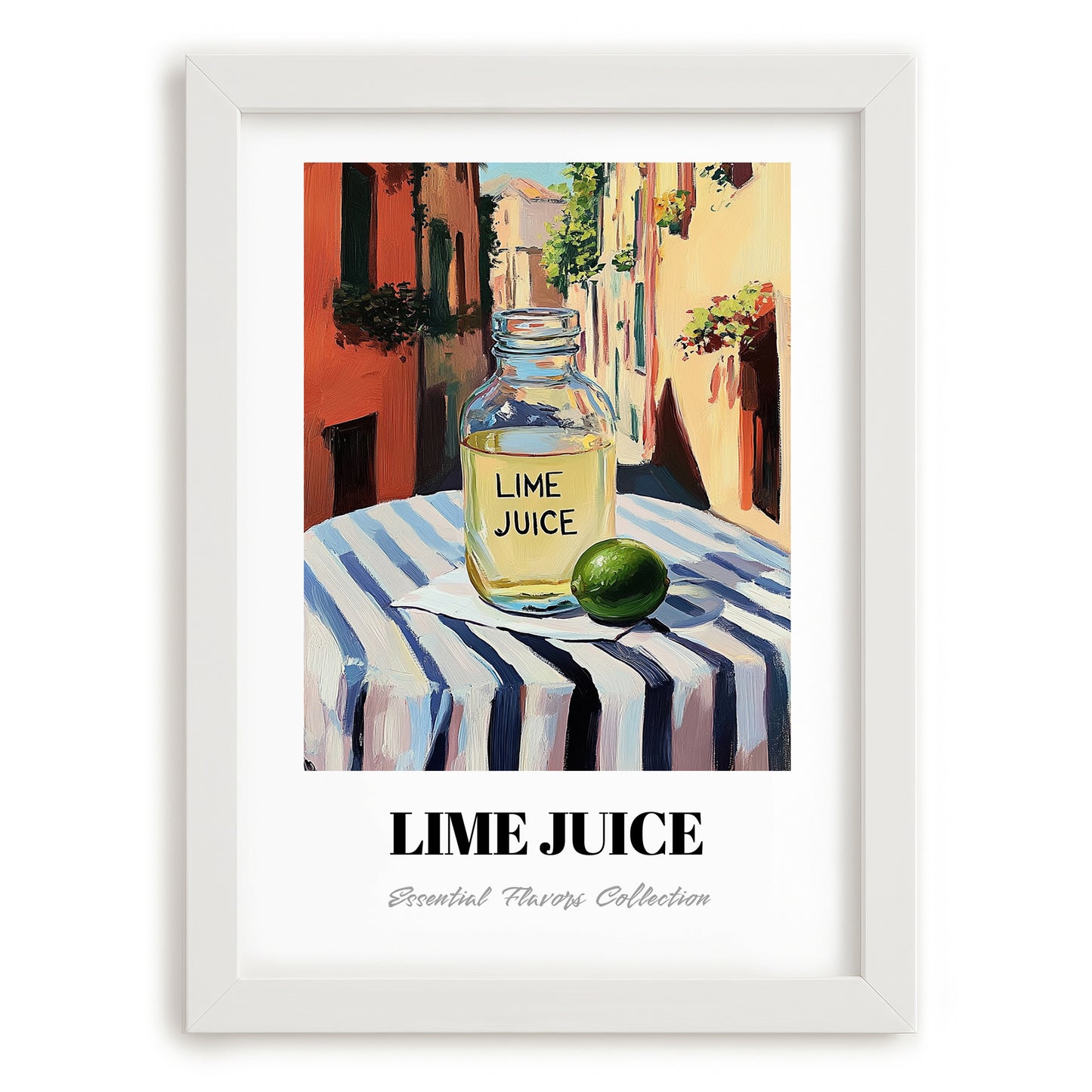 Lime Juice – Italian Street Café Scene, Pantry Still Life, placed in minimal white frame