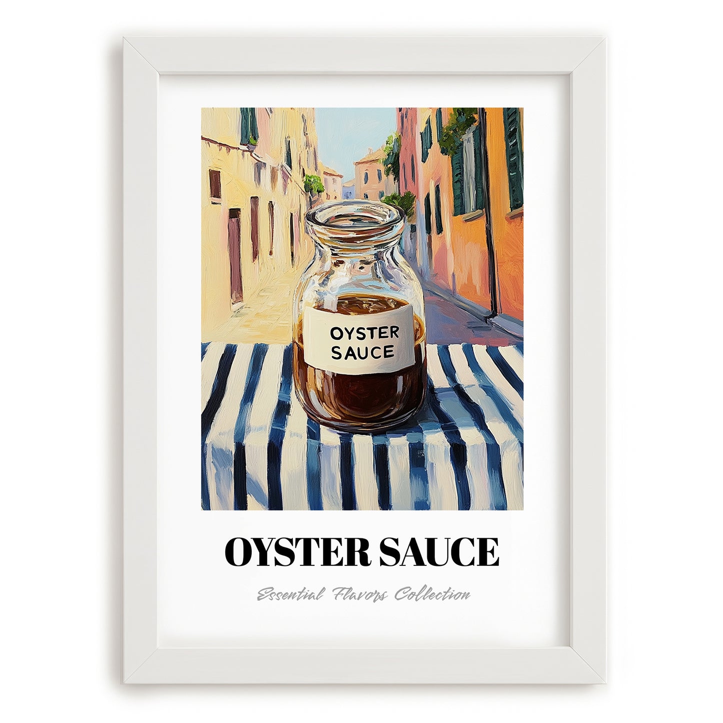 Oyster Sauce – Italian Street Café Scene, Kitchen Storage Painting, placed in minimal white frame