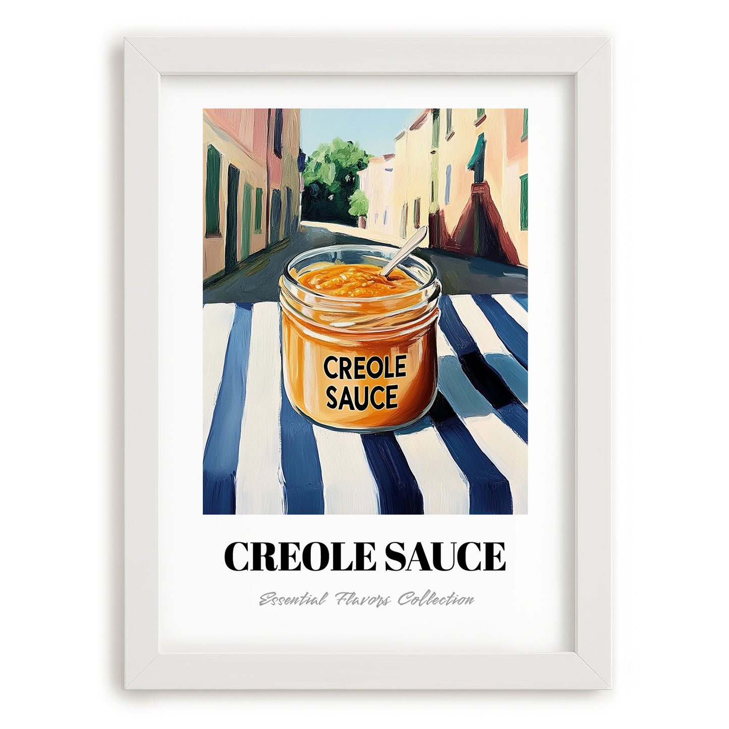 Creole Sauce – Italian Outdoor Café Scene, Food Shelf Illustration, placed in minimal white frame
