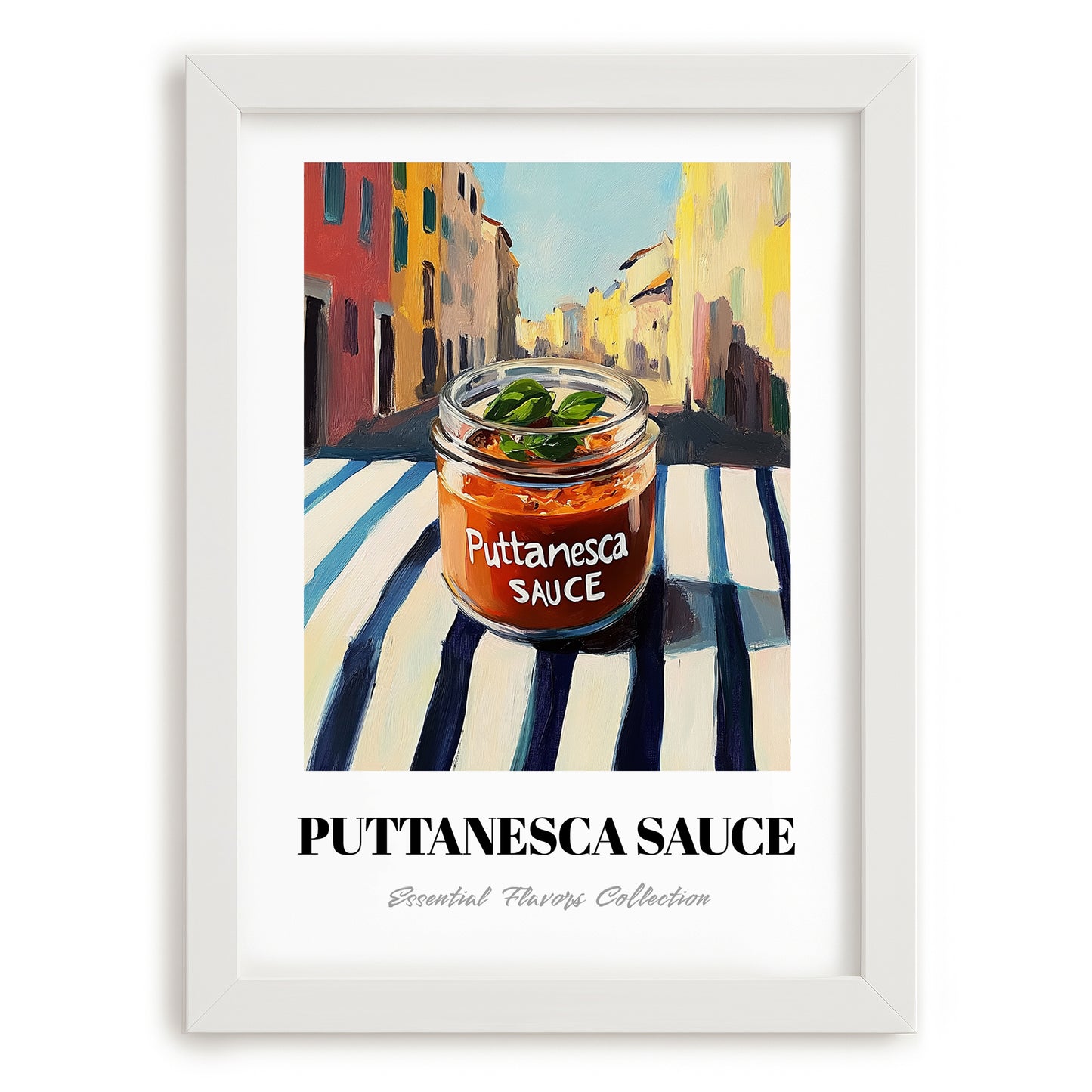 Putanesca Sauce – Italian Outdoor Café Scene, Food Shelf Wall Decor, placed in minimal white frame
