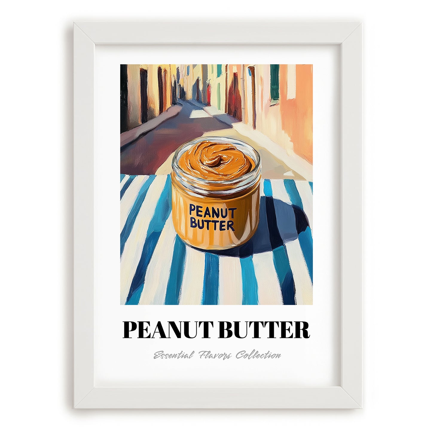 Peanut Butter – on Striped Tablecloth, Pantry Painting, placed in minimal white frame