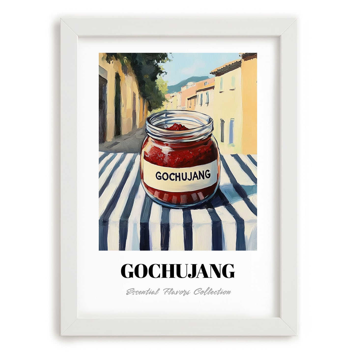 Gochujang – Italian Outdoor Café Scene, Dry Goods Wall Decor, placed in minimal white frame