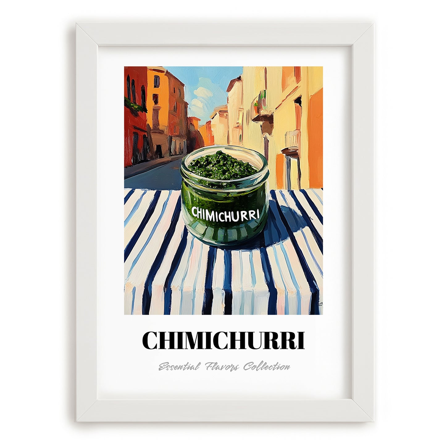 Chimichurri – Italian Street Café Scene, Bbq Wall Decor, placed in minimal white frame