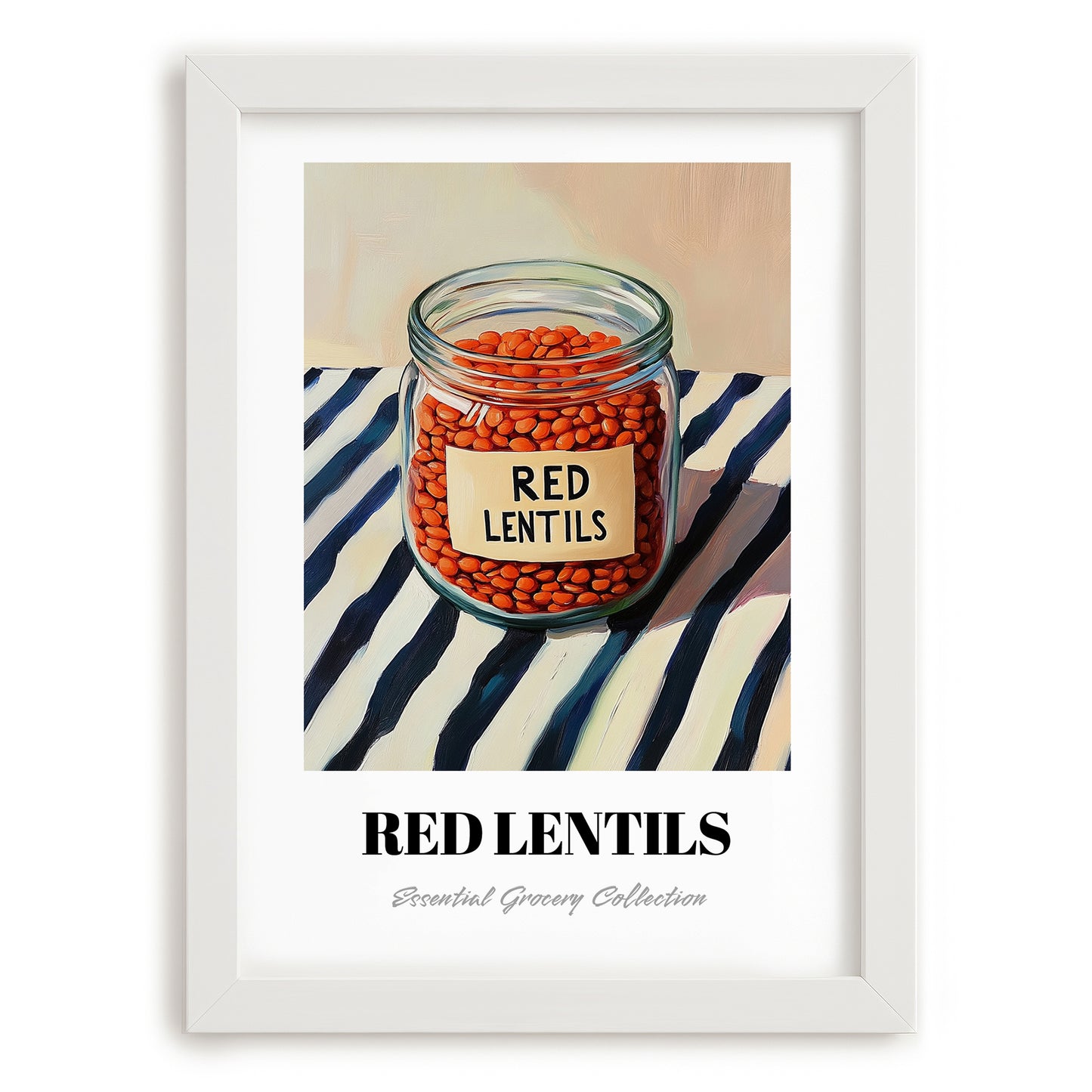 Red Lentils – on Striped Tablecloth, Pantry Painting, placed in minimal white frame