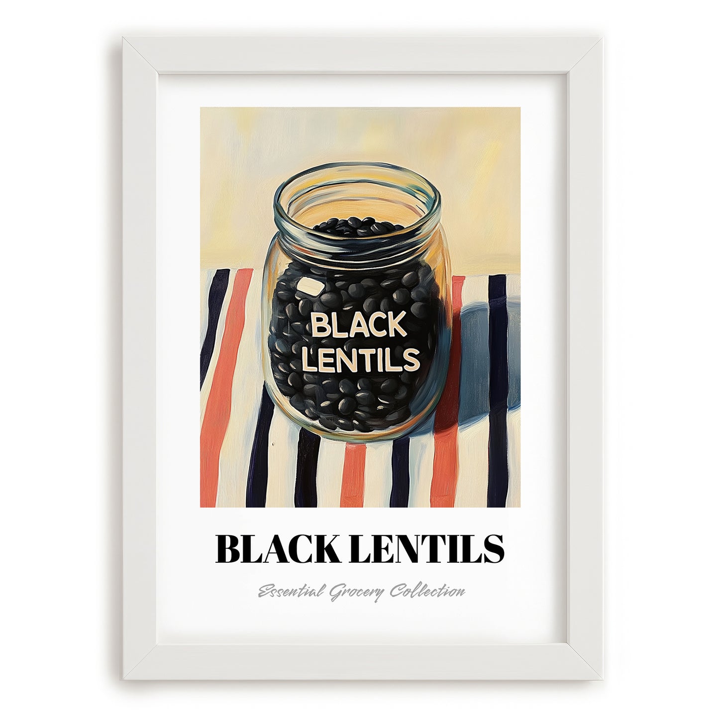 Black Lentils – on Striped Tablecloth, Food Stash Illustration, placed in minimal white frame