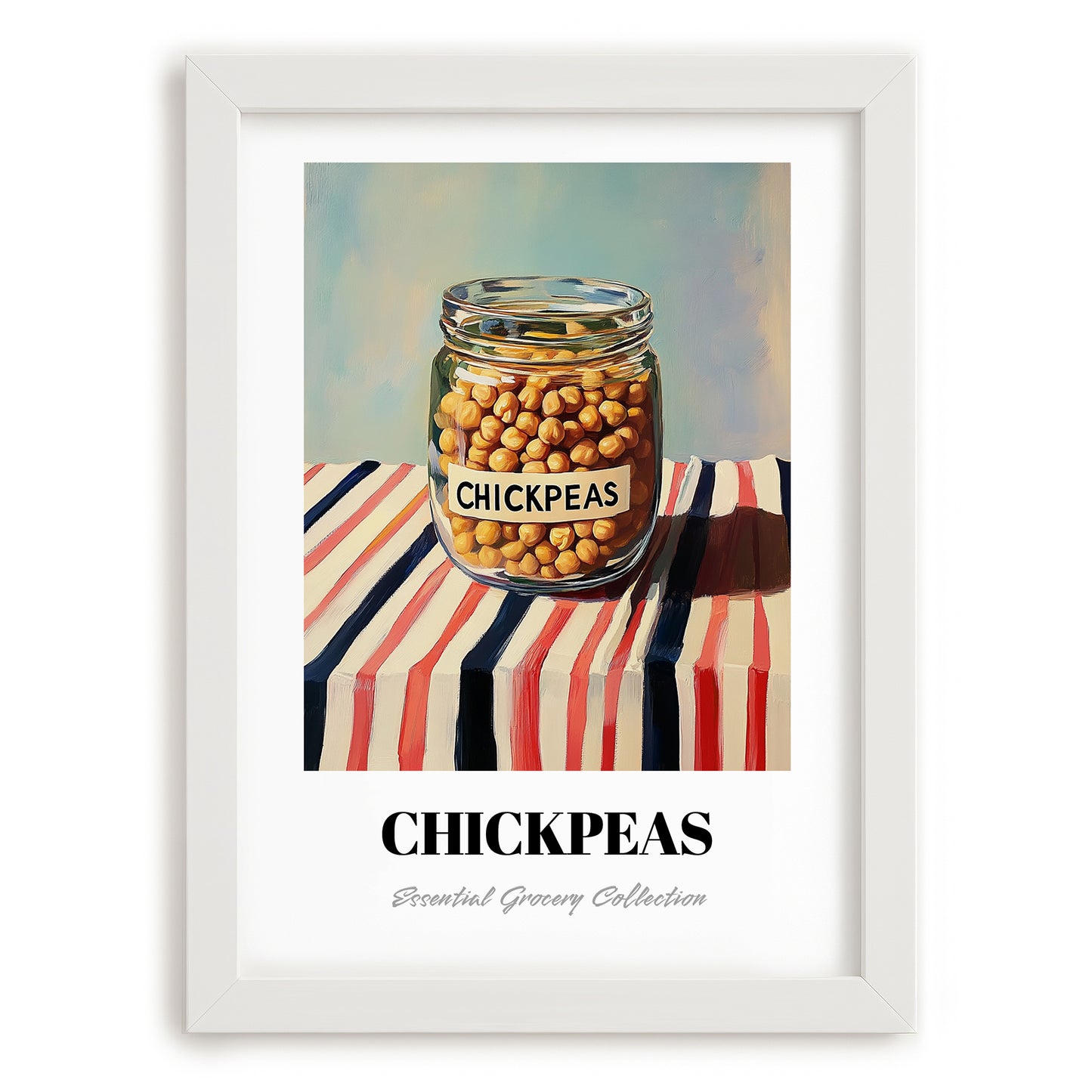 Chickpeas – on Striped Tablecloth, Pantry Illustration, placed in minimal white frame