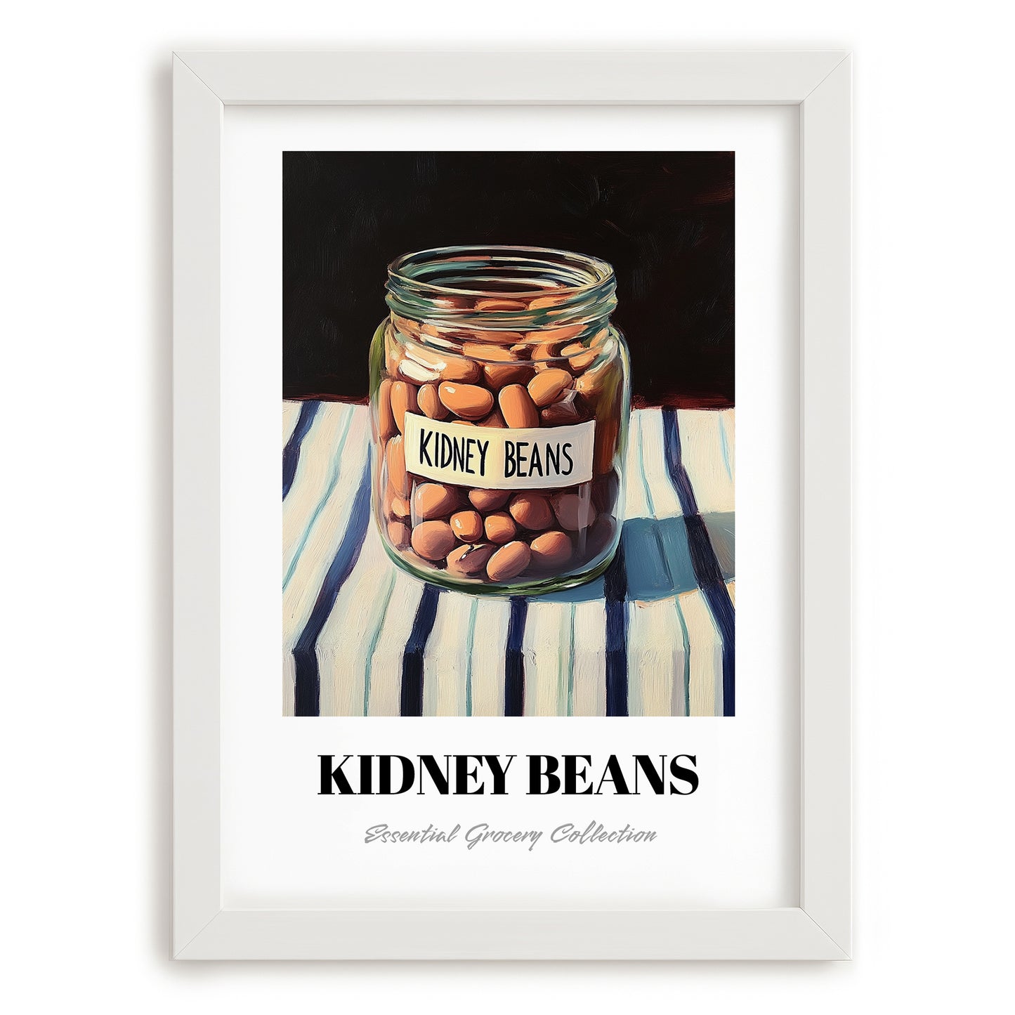 Kidney Beans – on Striped Tablecloth, Shelf Stock Poster, placed in minimal white frame