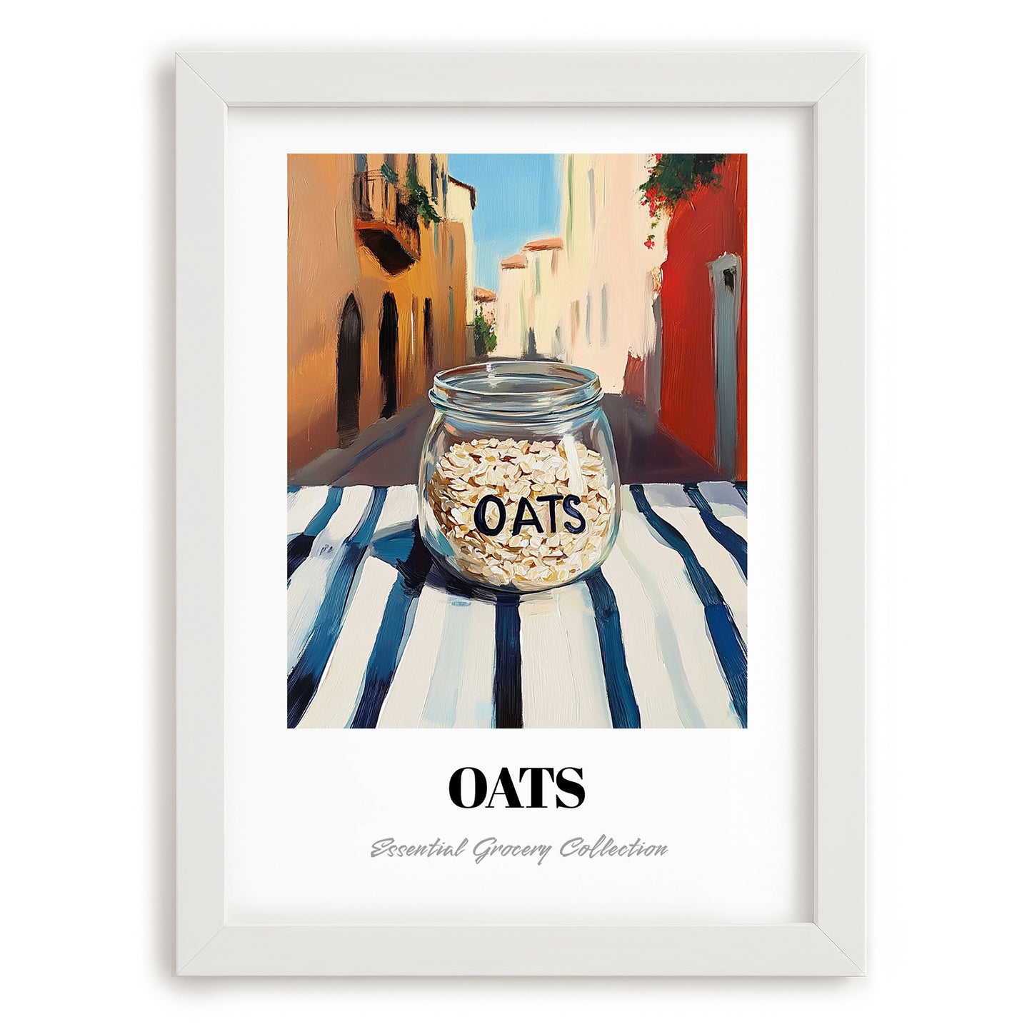 Oats – Italian Street Café Scene, Pantry Illustration, placed in minimal white frame