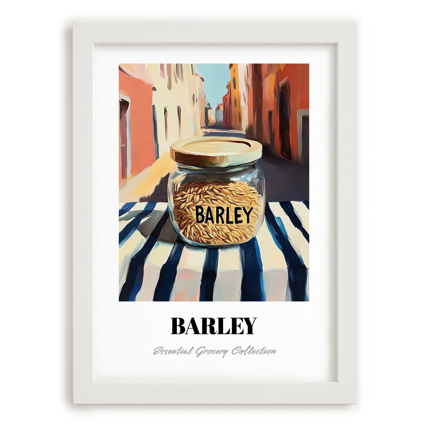 Barley – Italian Outdoor Café Scene, Ingredients Corner Still Life, placed in minimal white frame