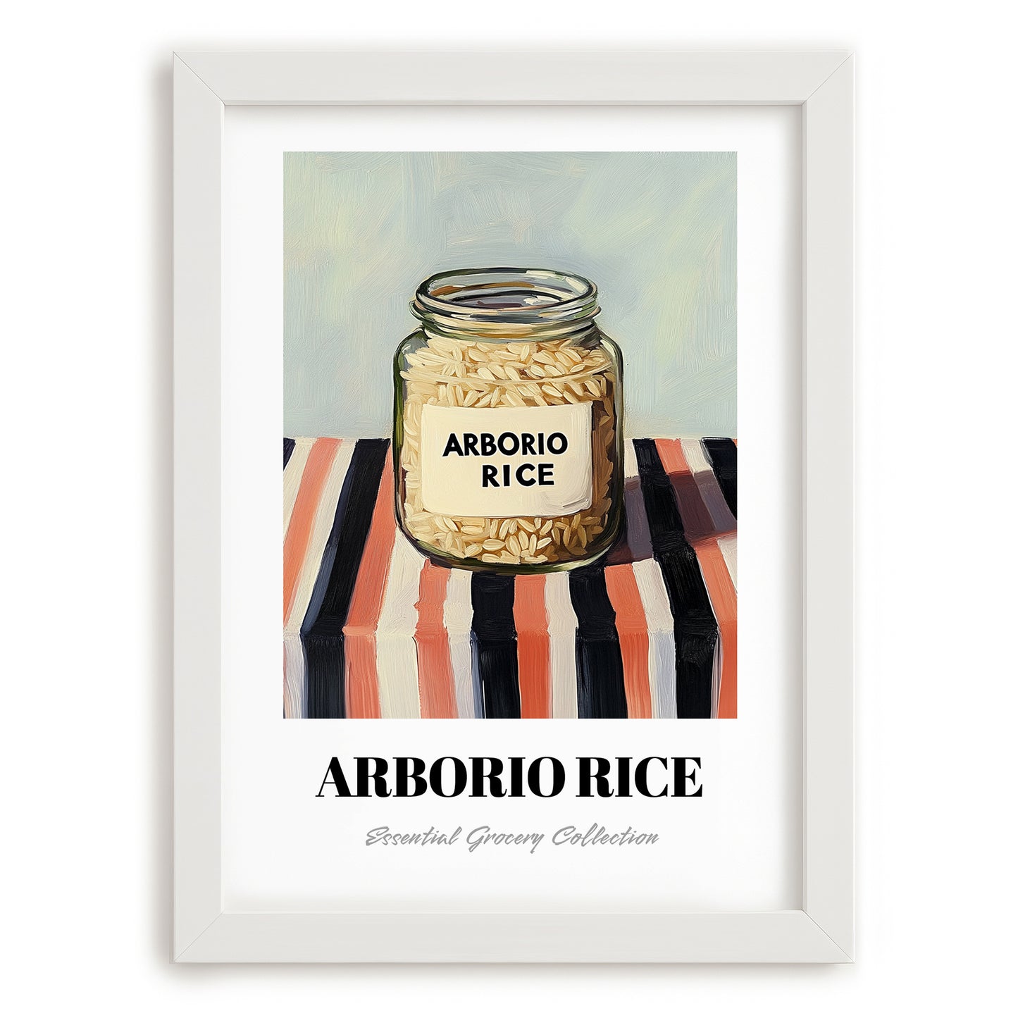 Arborio Rice – on Striped Tablecloth, Grocery Still Life, placed in minimal white frame