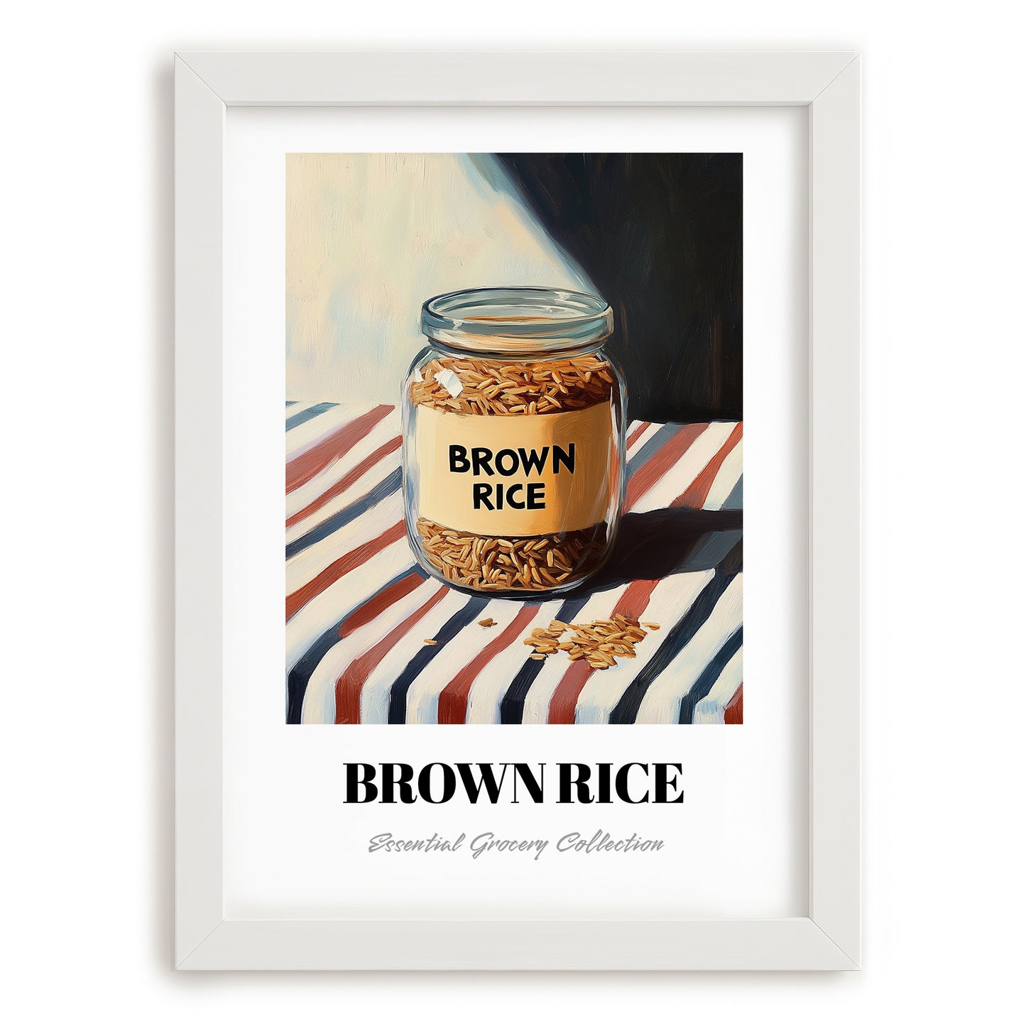 Brown Rice – on Striped Tablecloth, Larder Wall Decor, placed in minimal white frame