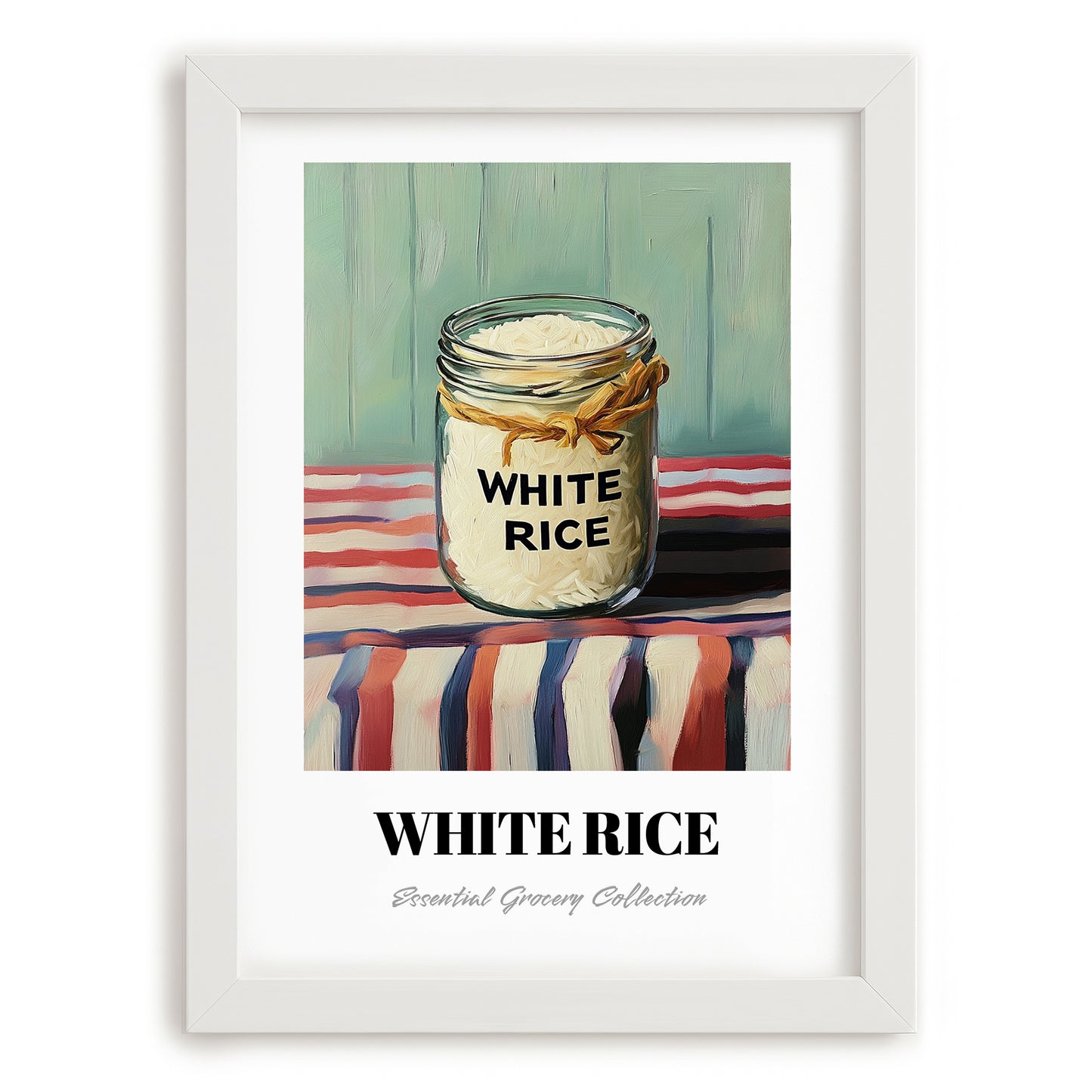 White Rice – on Striped Tablecloth, Food Stash Art, placed in minimal white frame