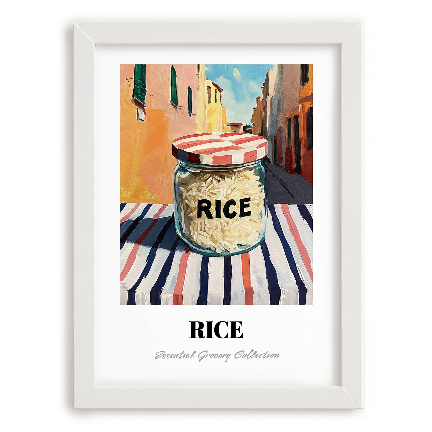 Rice – Italian Café on the Corner, Kitchen Storage Print, placed in minimal white frame