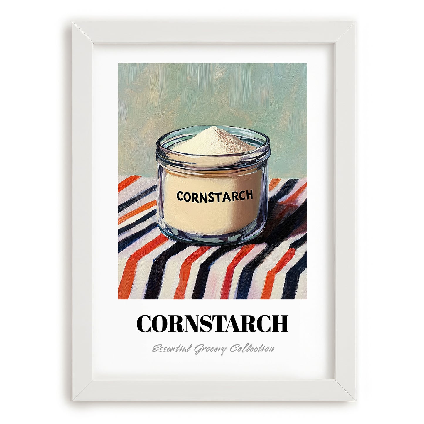 Cornstarch – on Striped Tablecloth, Dough Print, placed in minimal white frame