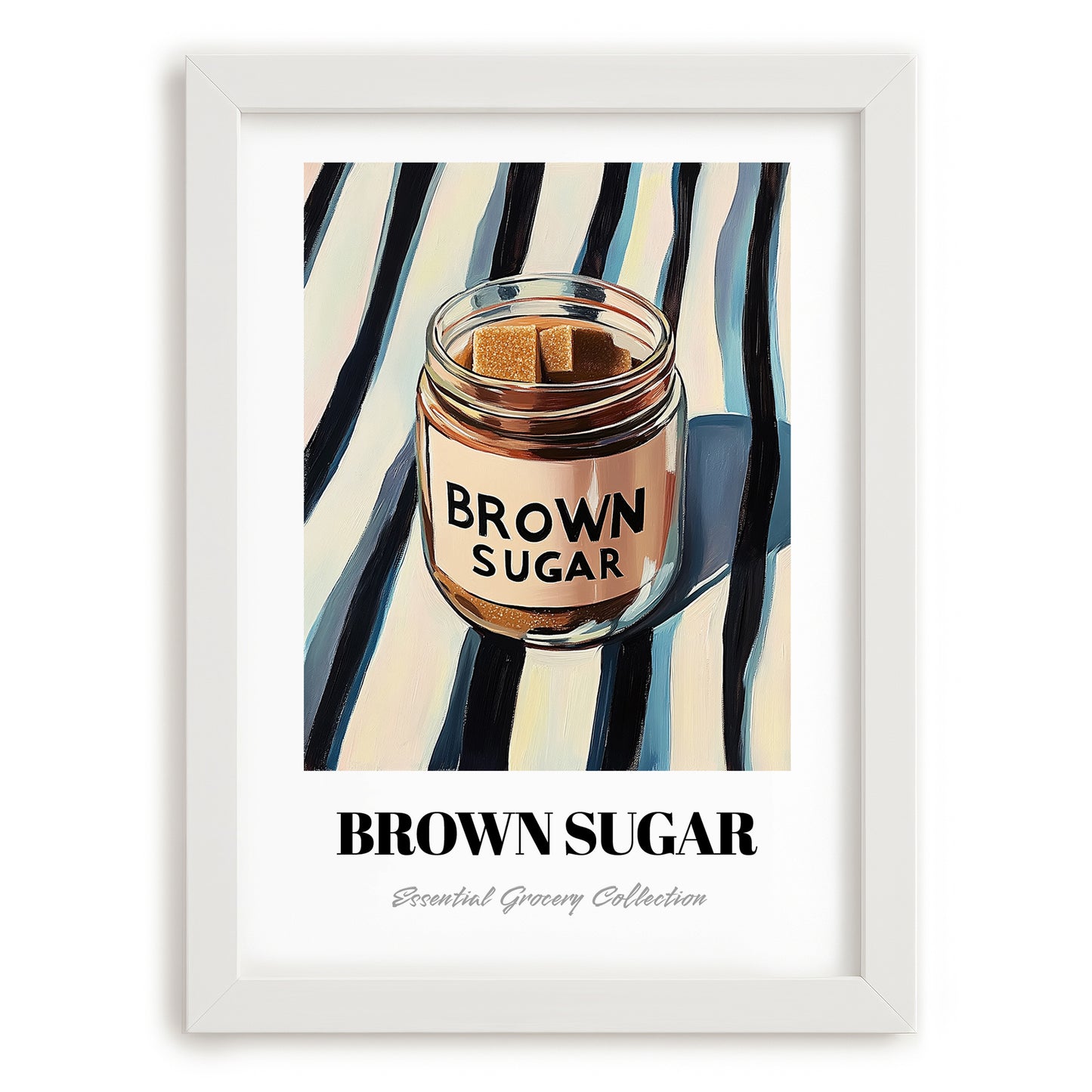 Brown Sugar – on Striped Tablecloth, Sweetener Painting, placed in minimal white frame