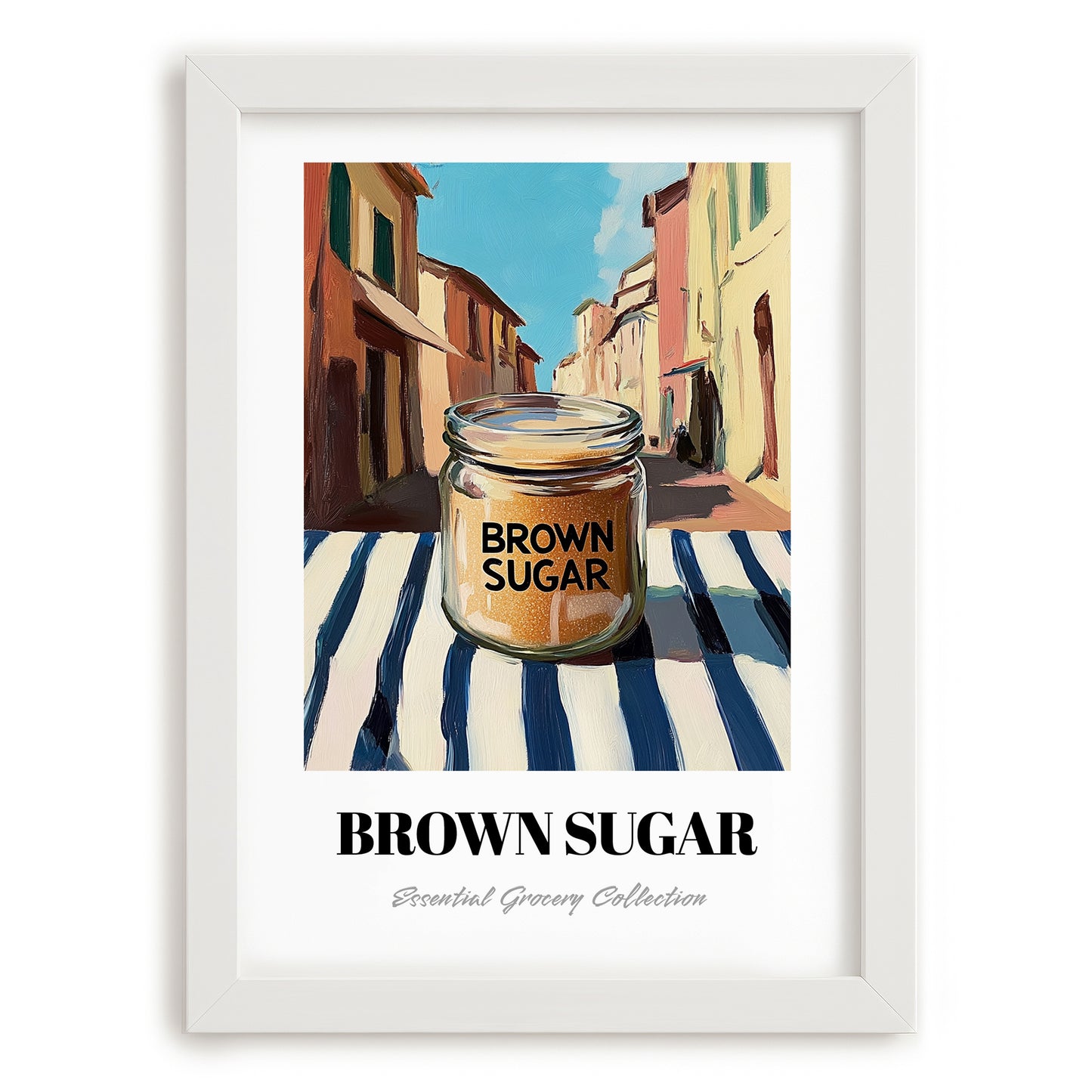 Brown Sugar – Italian Café on the Corner, Sweetener Wall Decor, placed in minimal white frame
