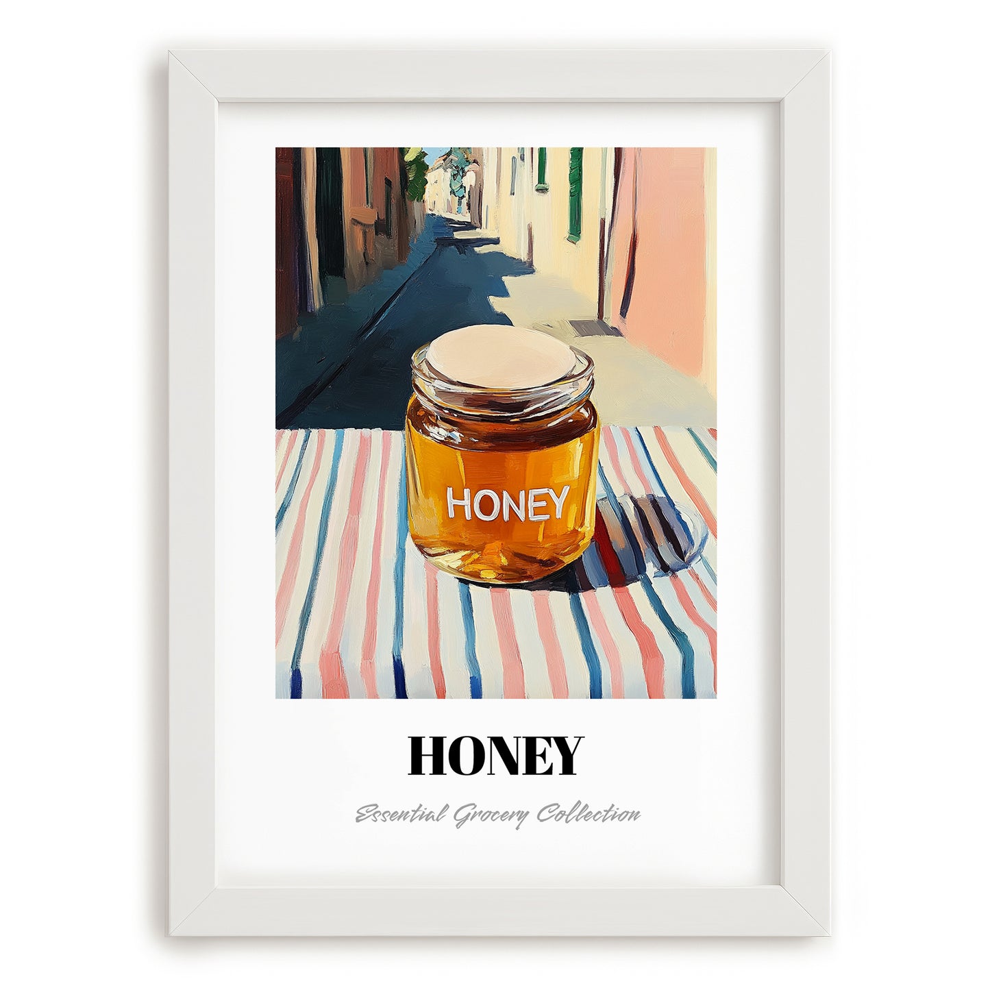 Honey – Italian Urban Café Scene, Sweetener Painting, placed in minimal white frame