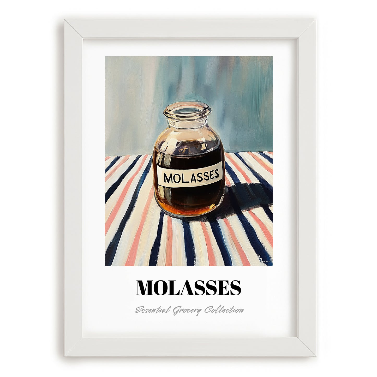 Molasses – on Striped Tablecloth, Sweetener Poster, placed in minimal white frame