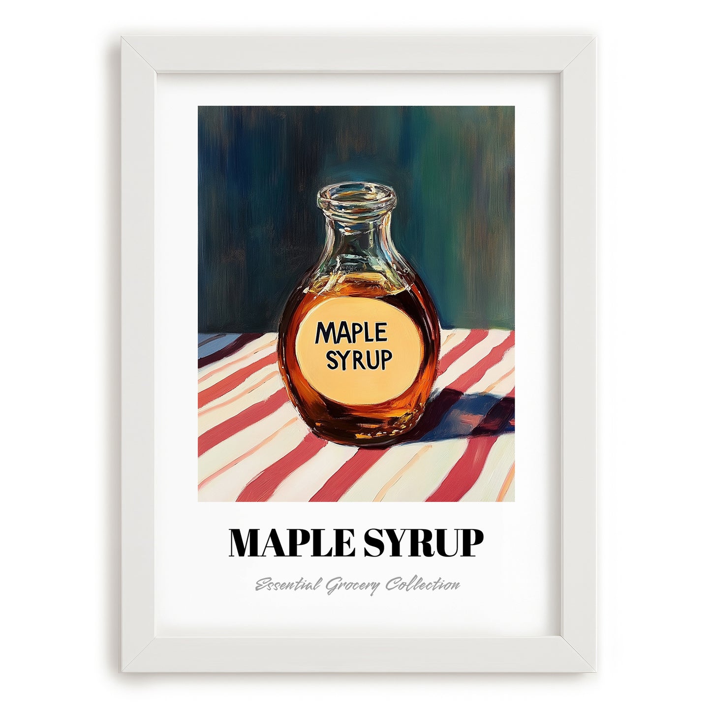 Maple Syrup – on Striped Tablecloth, Sweetener Wall Illustration, placed in minimal white frame