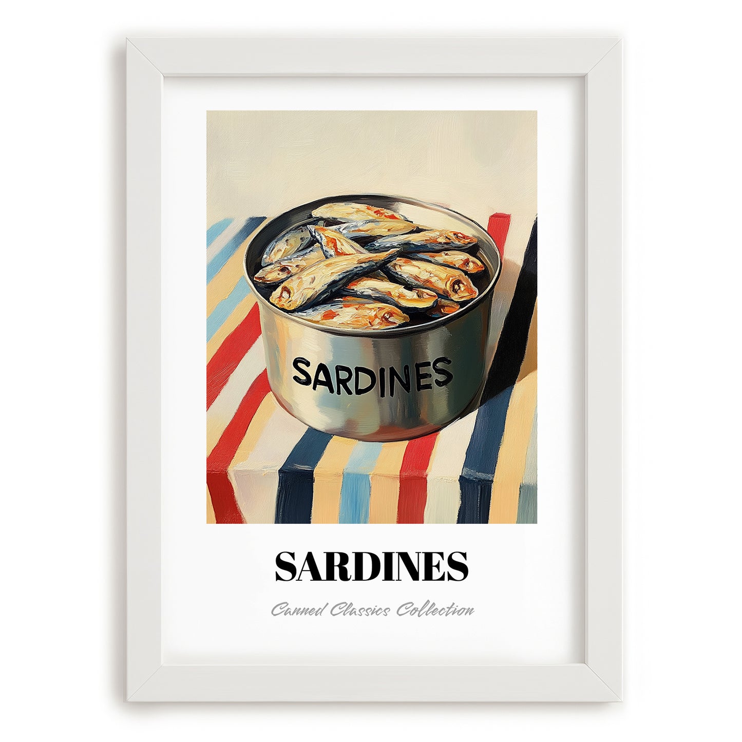 Sardines – on Striped Tablecloth, Canned Food Painting, placed in minimal white frame