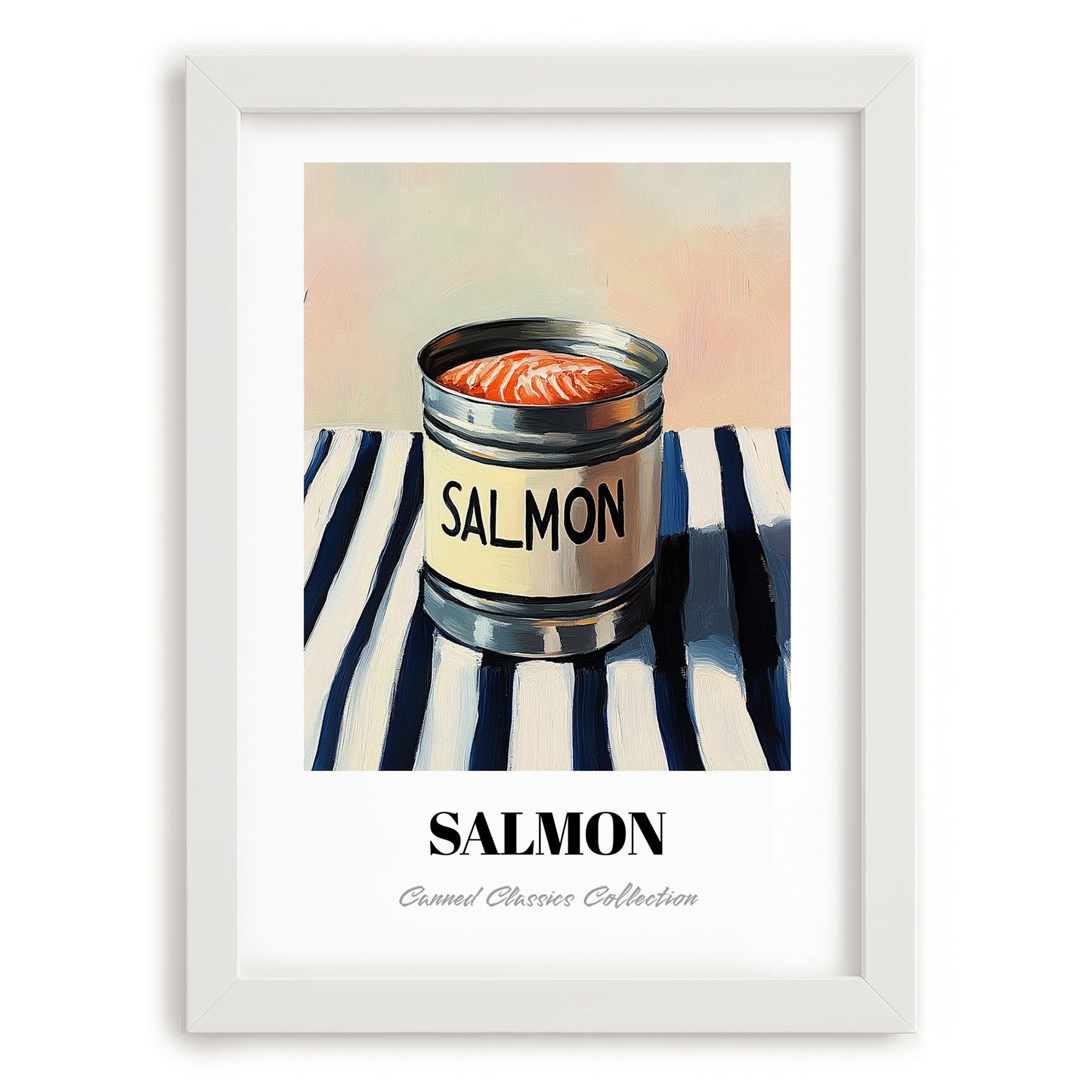 Salmon – on Striped Tablecloth, Canned Food Illustration, placed in minimal white frame