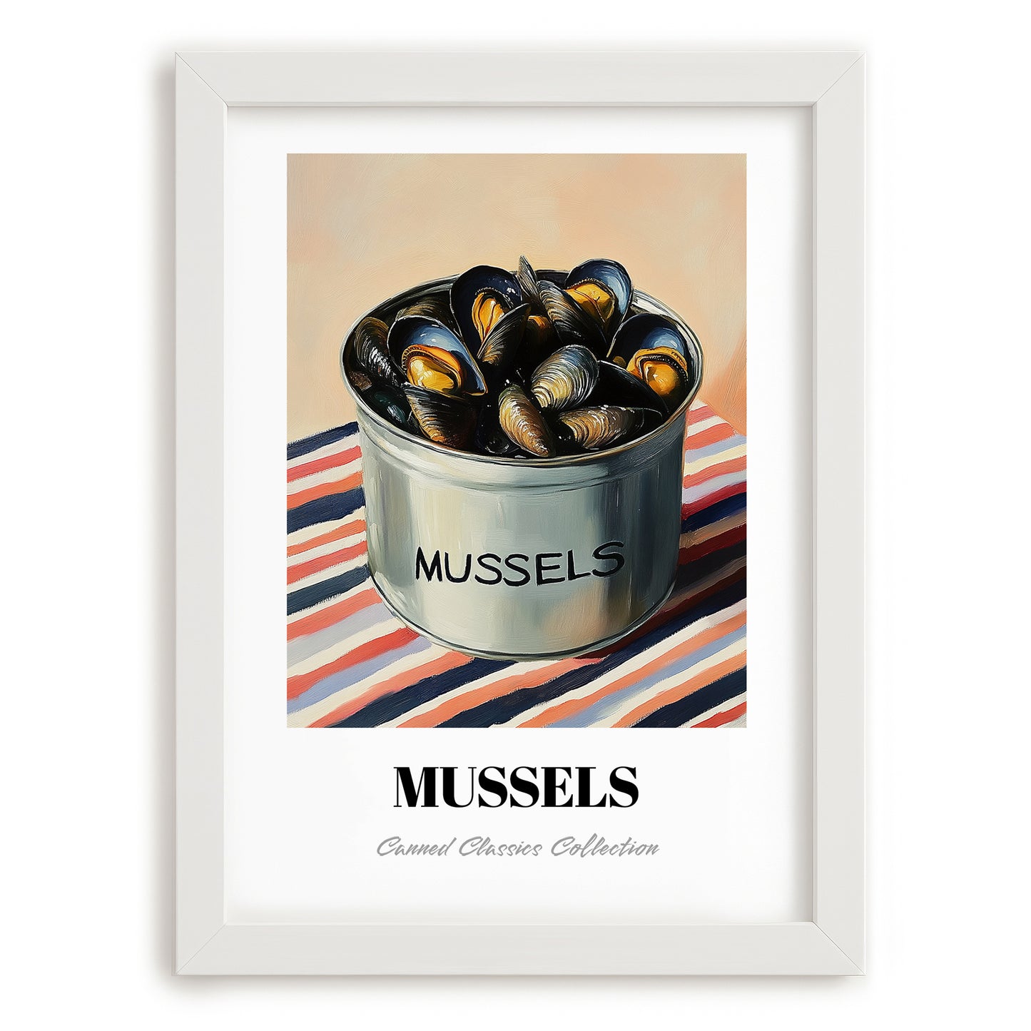 Mussels – on Striped Tablecloth, Canned Food Art, placed in minimal white frame
