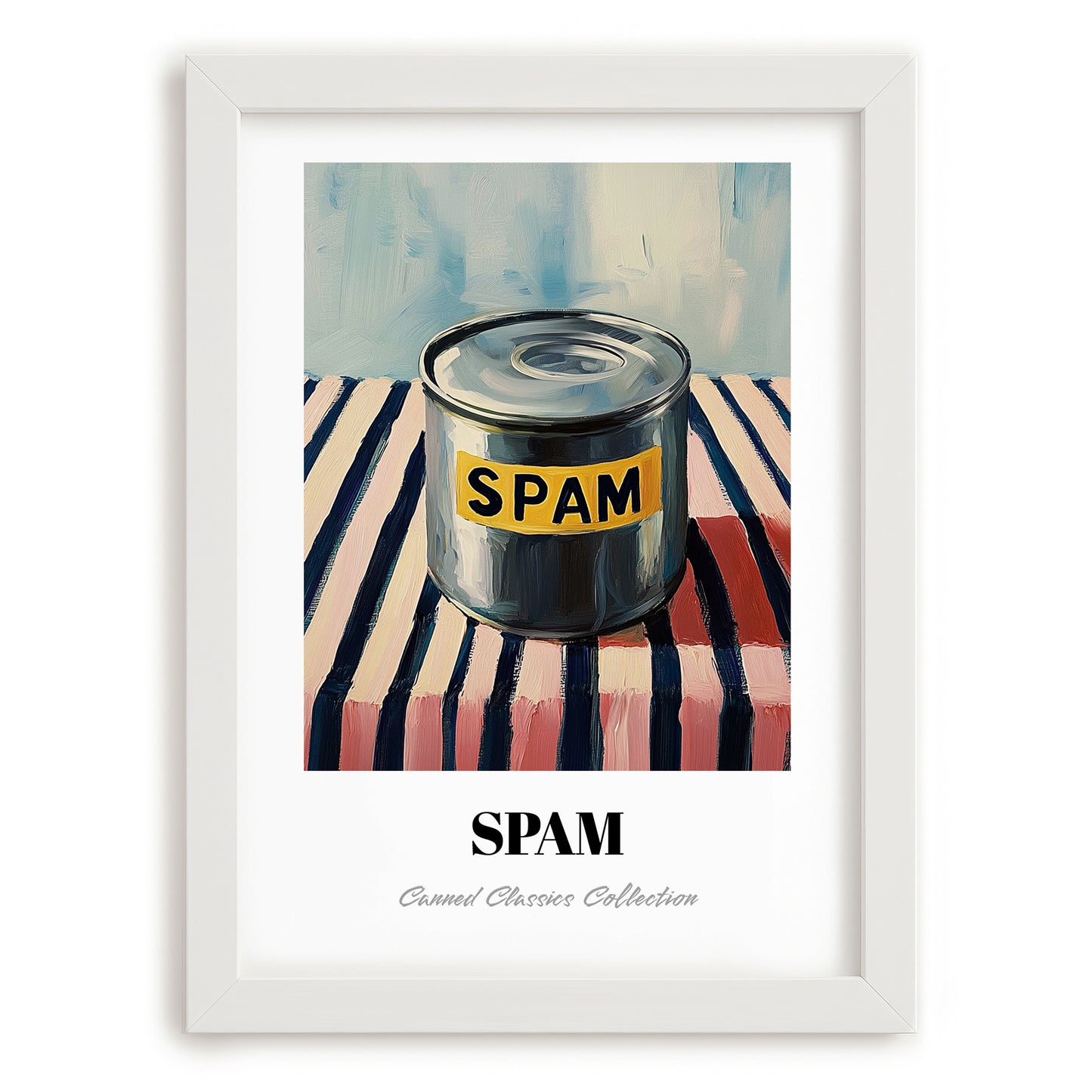Spam – on Striped Tablecloth, Canned Food Painting, placed in minimal white frame
