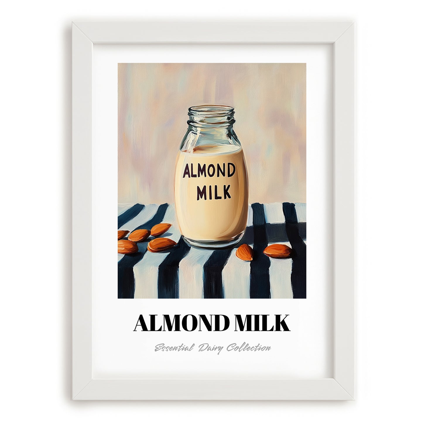 Almond Milk – on Striped Tablecloth, Dairy Painting, placed in minimal white frame