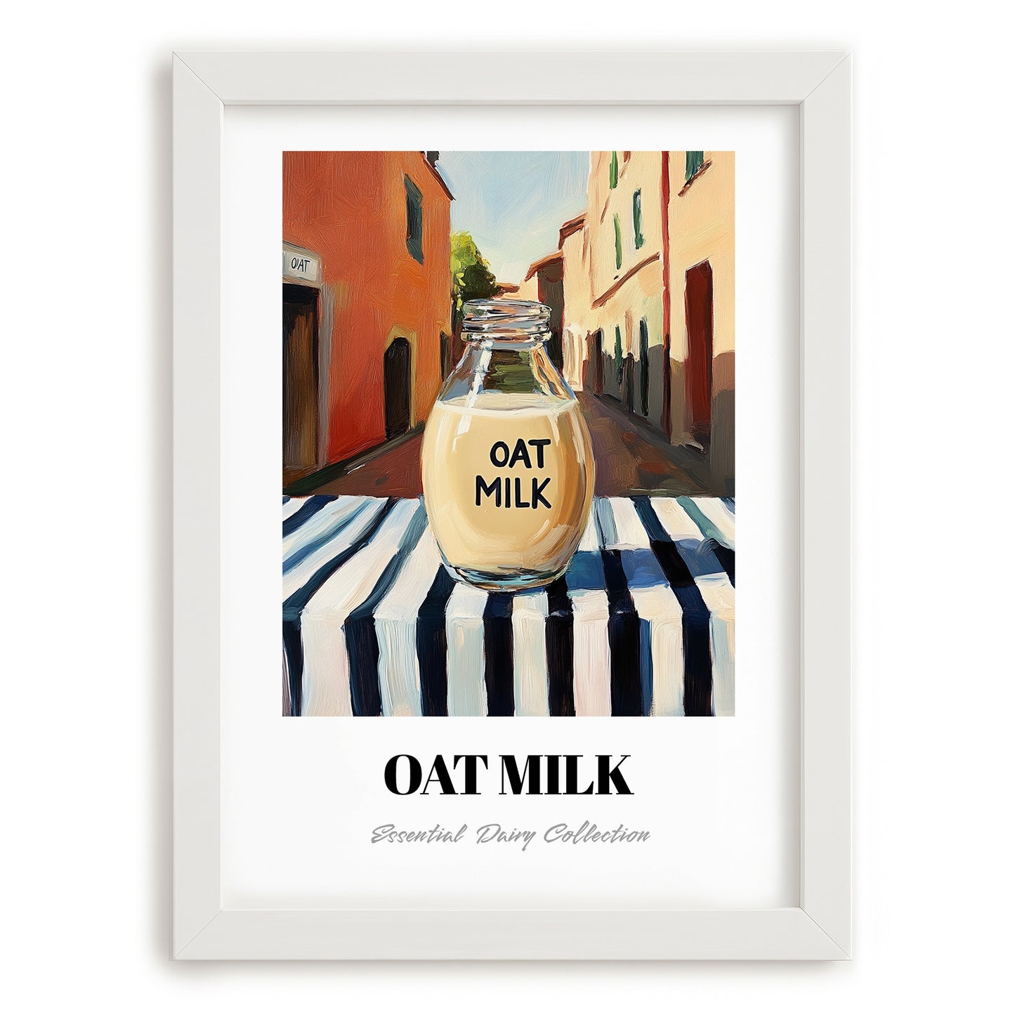 Oat Milk – Italian Street Café Scene, Dairy Poster, placed in minimal white frame