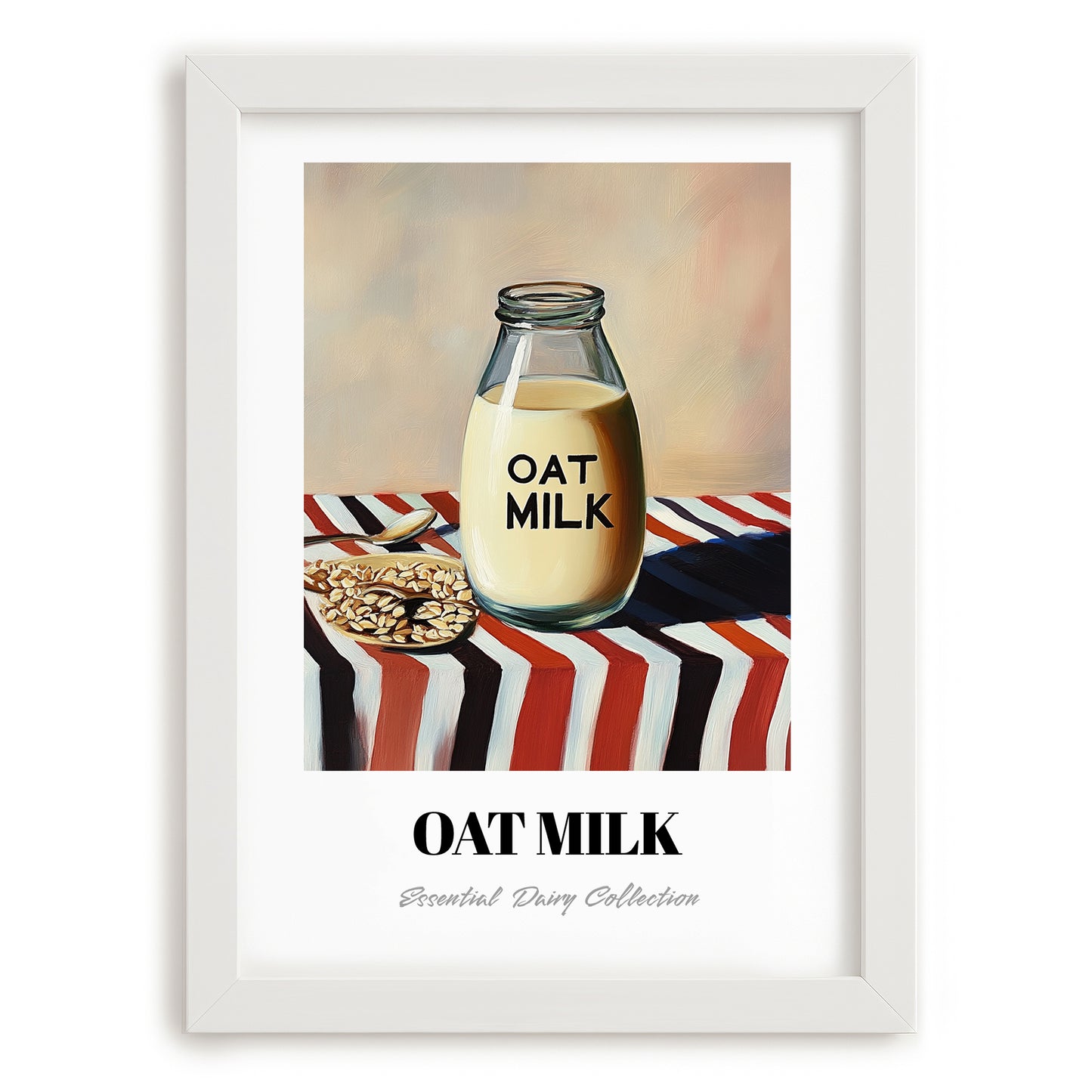 Oat Milk – on Striped Tablecloth, Dairy Poster, placed in minimal white frame