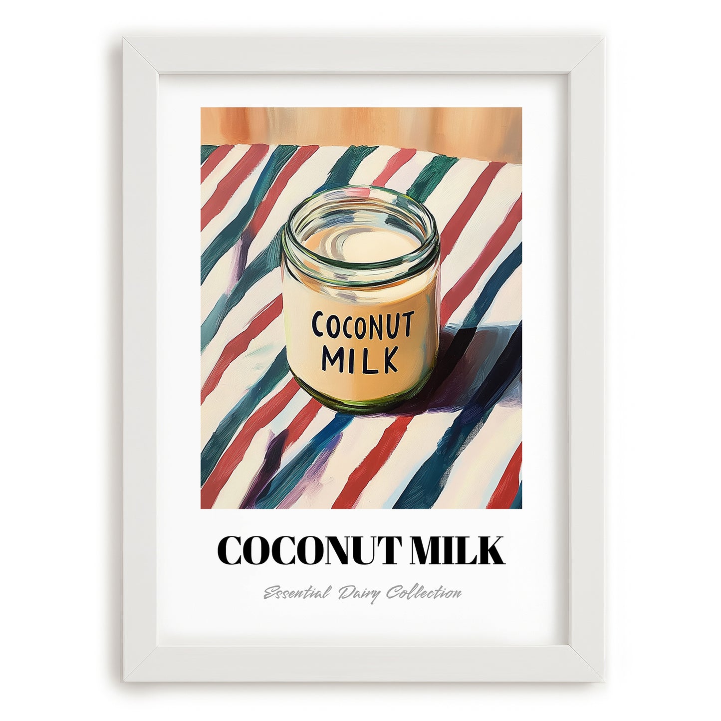 Coconut Milk – on Striped Tablecloth, Dairy Poster, placed in minimal white frame