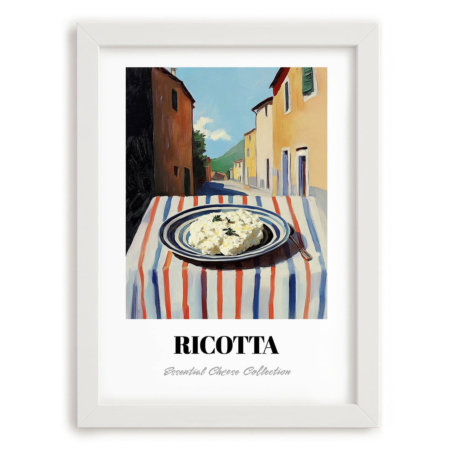 Ricotta – Italian Urban Café Scene, Cheese Illustration, placed in minimal white frame