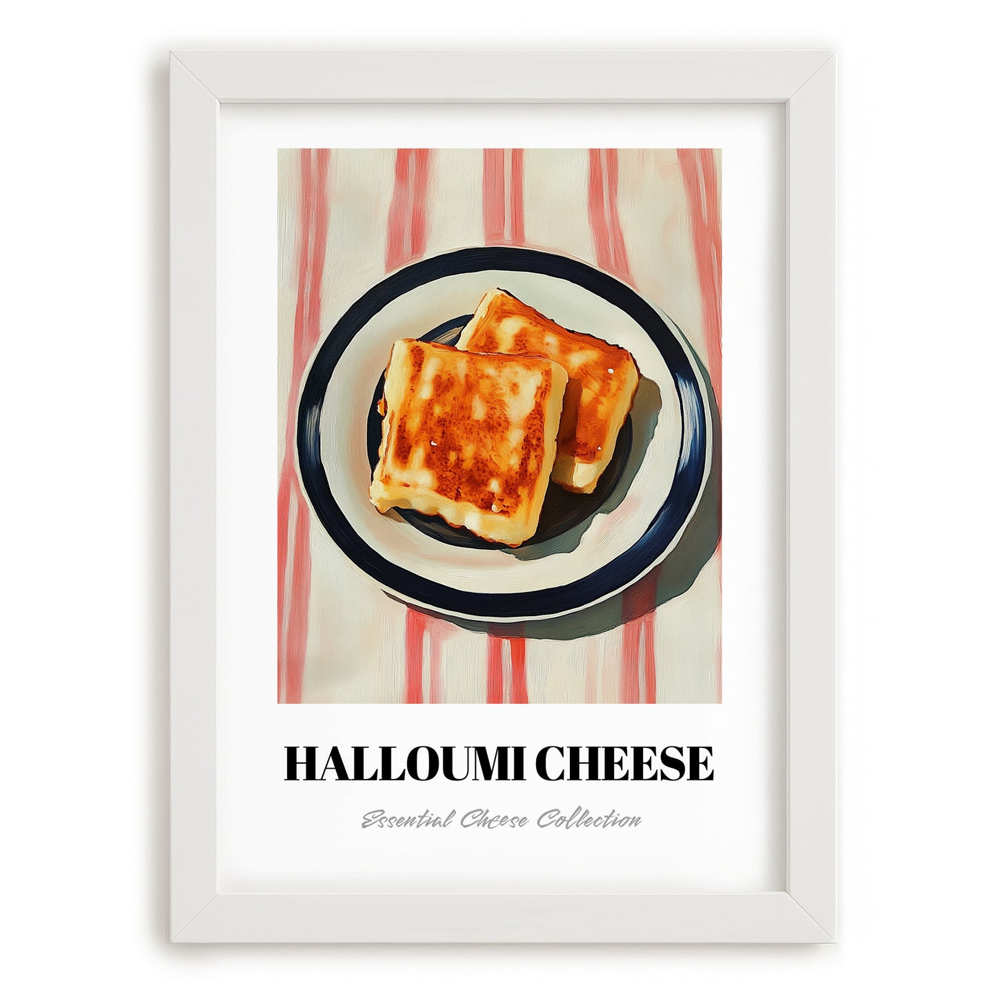 Halloumi – on Striped Tablecloth, Cheese Still Life, placed in minimal white frame